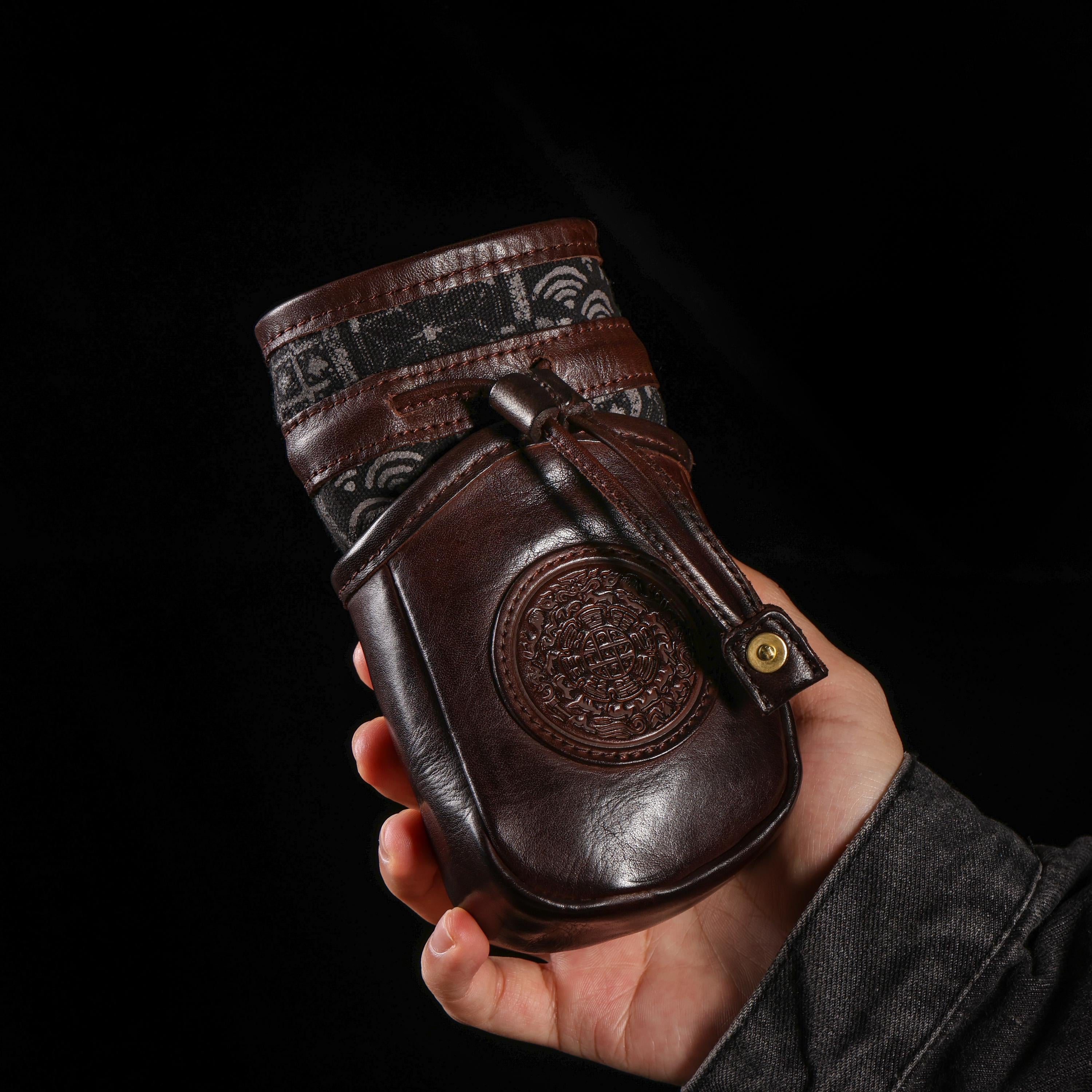 AURA DEER Vintage Veg-Tan Leather Pouch | Handmade Drawstring Rustic Jewelry Storage Bag