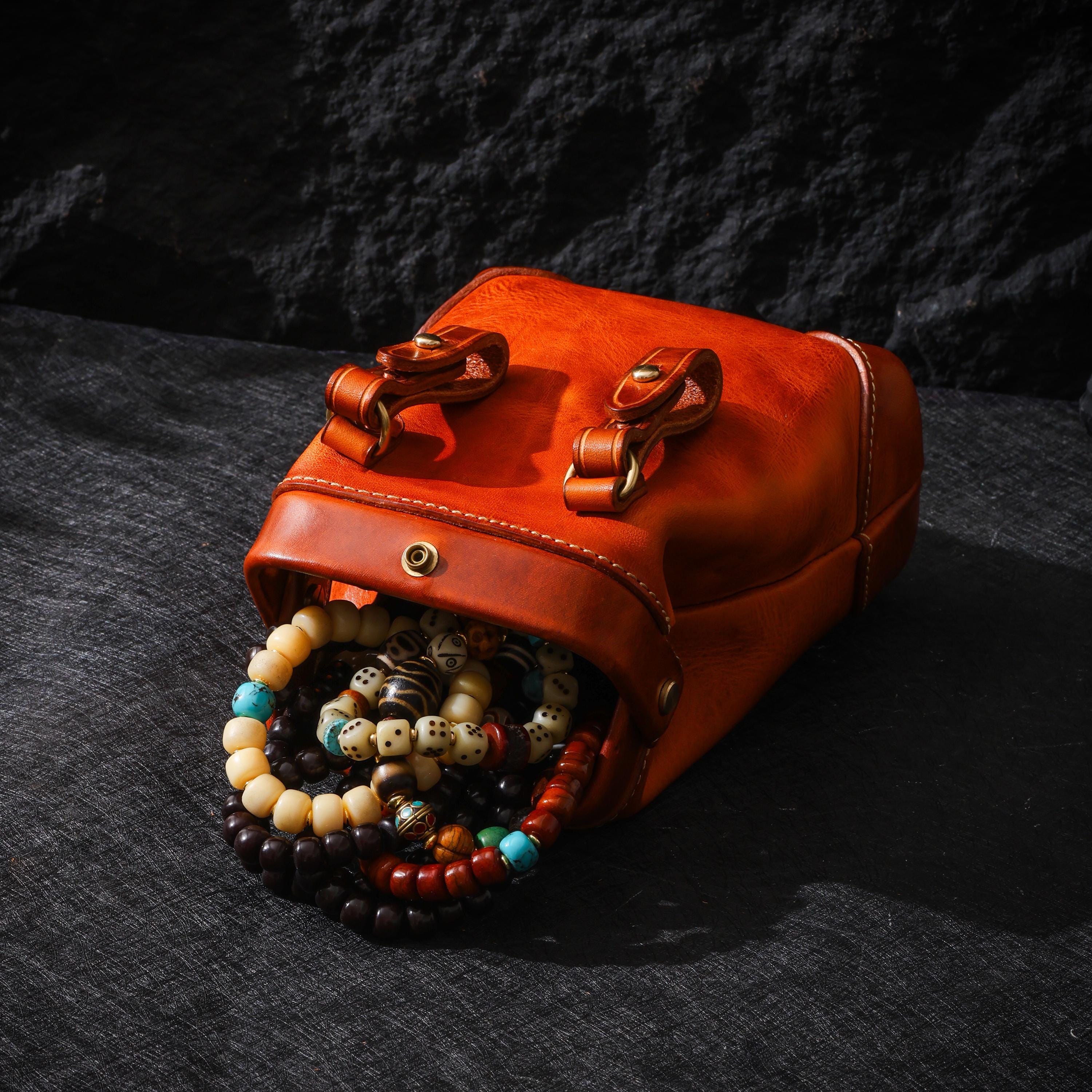 AURA DEER Vintage Veg-Tan Leather Pouch | Handmade Drawstring Rustic Jewelry Storage Bag