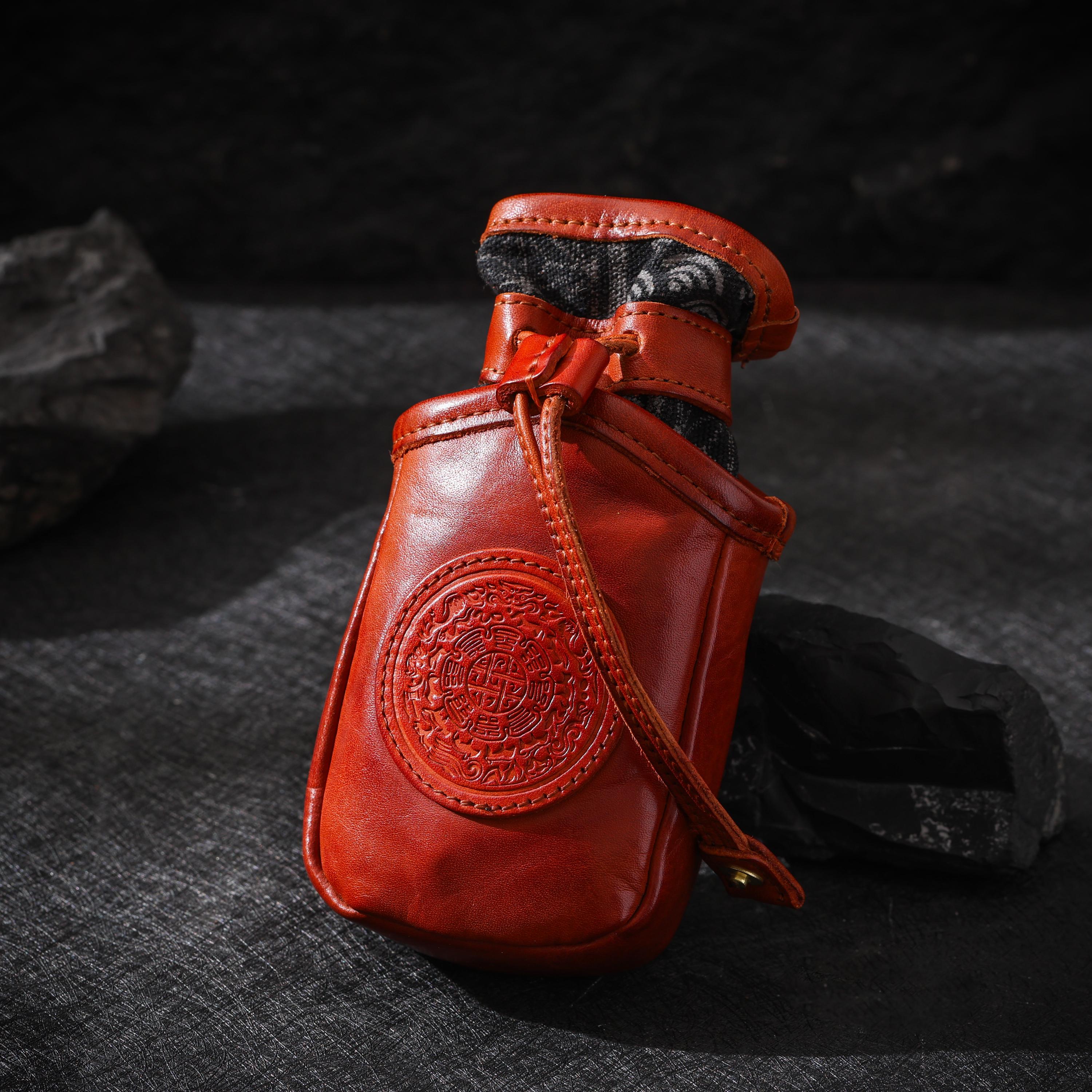 AURA DEER Vintage Veg-Tan Leather Pouch | Handmade Drawstring Rustic Jewelry Storage Bag