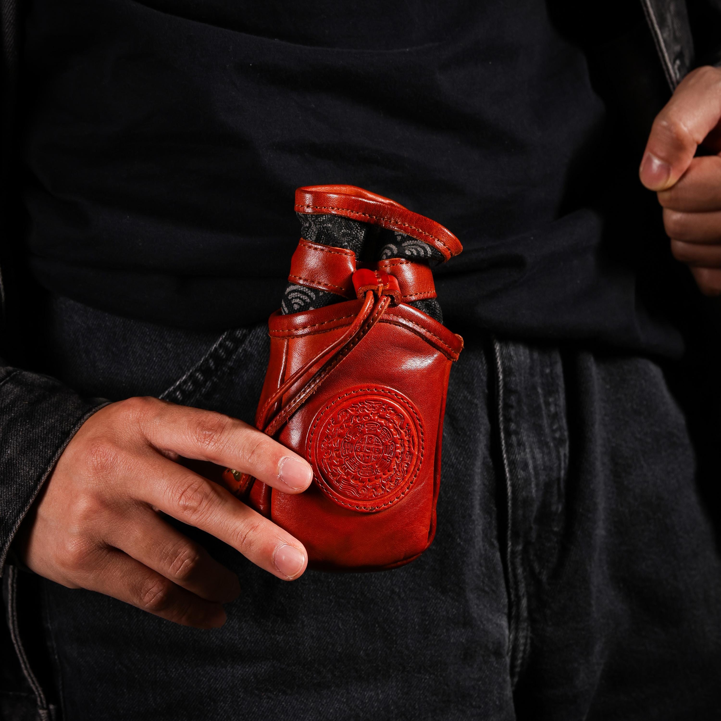 AURA DEER Vintage Veg-Tan Leather Pouch | Handmade Drawstring Rustic Jewelry Storage Bag