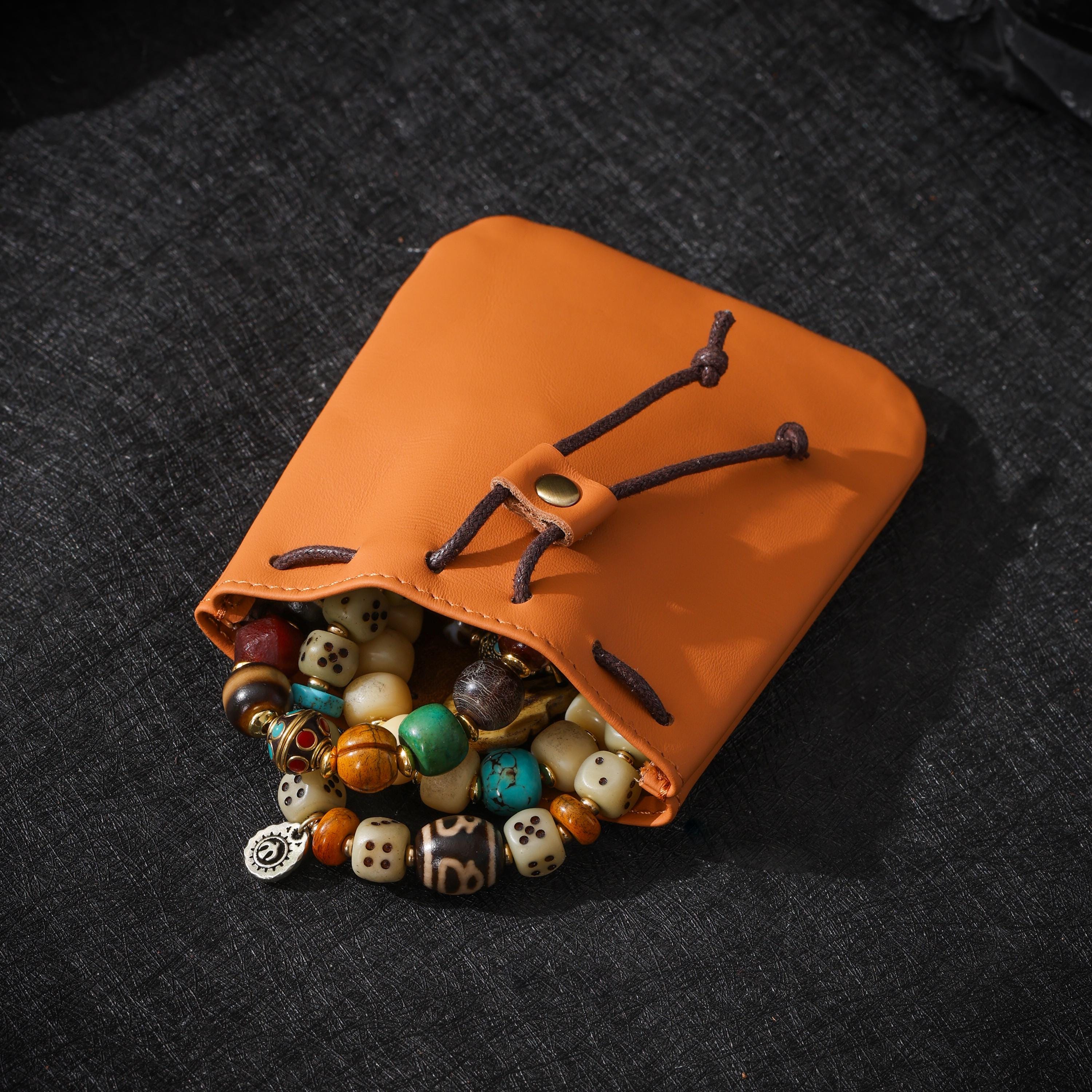 AURA DEER Vintage Genuine Cowhide Jewelry Pouch | Drawstring Leather Jewelry Storage Bag Travel Case