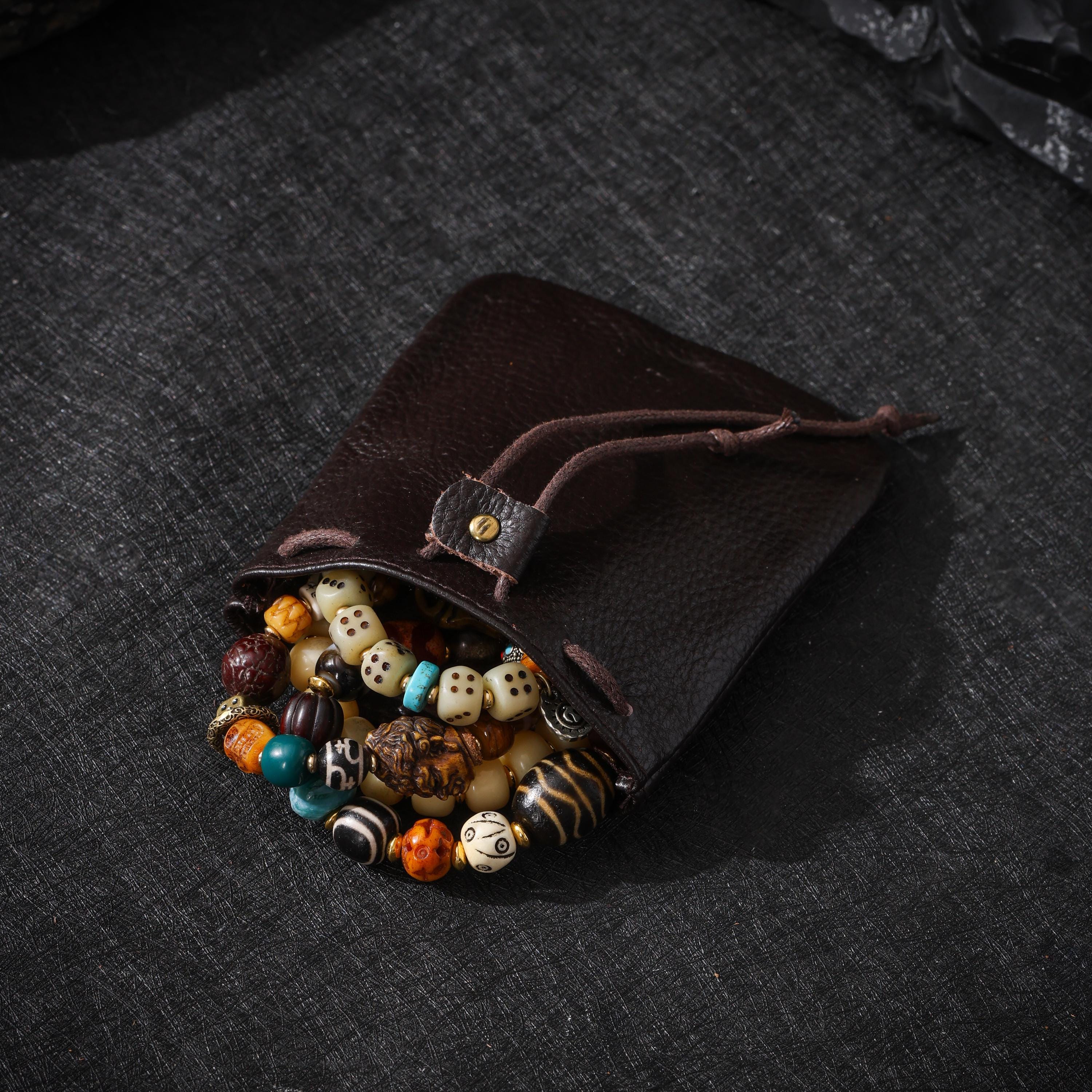 AURA DEER Vintage Genuine Cowhide Jewelry Pouch | Drawstring Leather Jewelry Storage Bag Travel Case