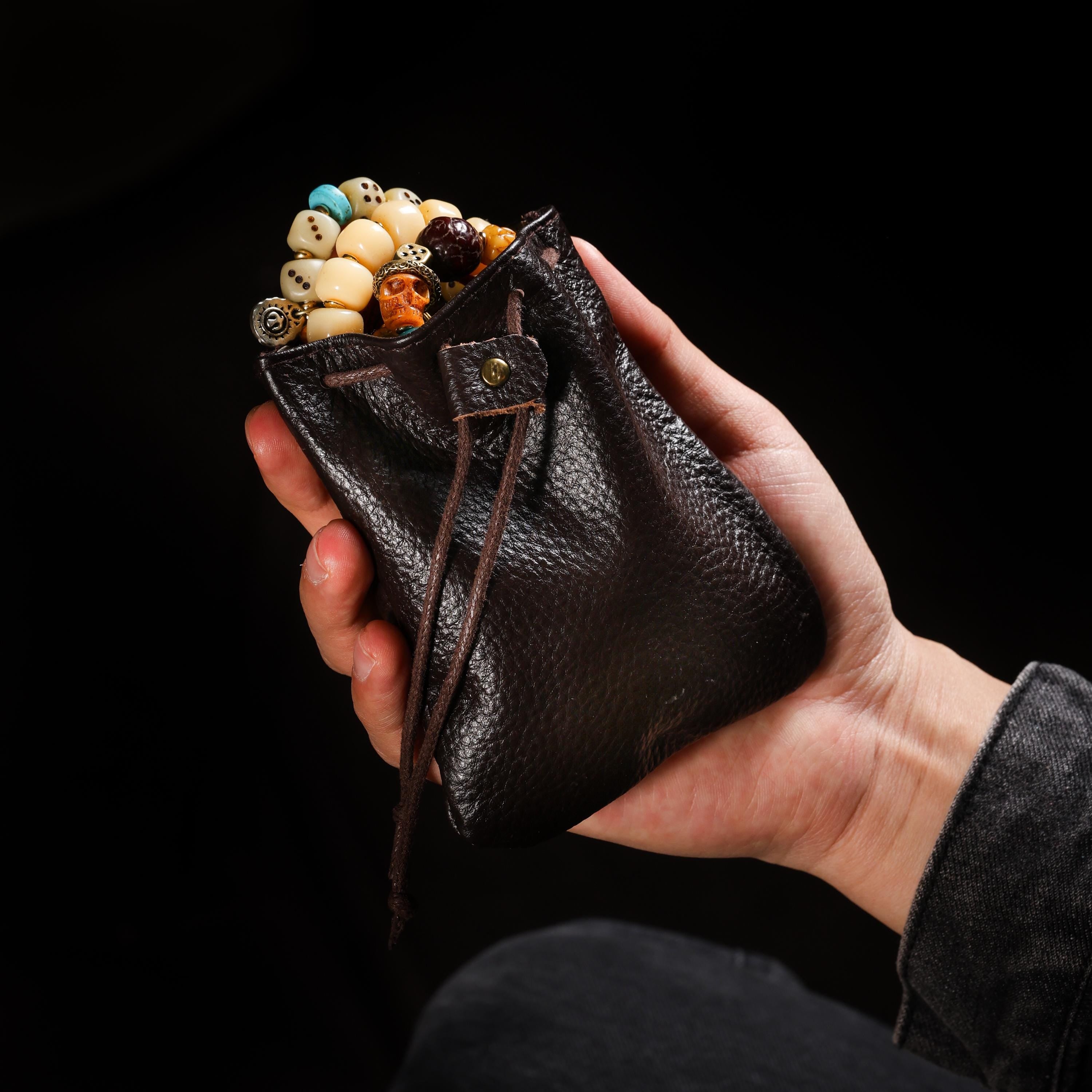 AURA DEER Vintage Genuine Cowhide Jewelry Pouch | Drawstring Leather Jewelry Storage Bag Travel Case