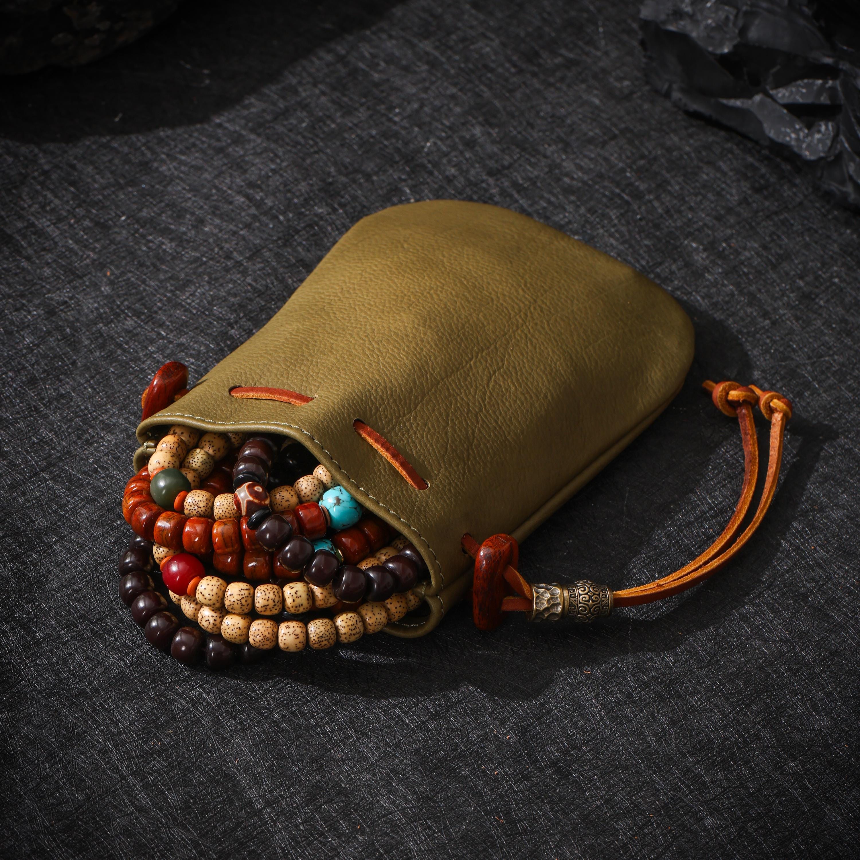 AURA DEER Vintage Genuine Cowhide Jewelry Pouch | Drawstring Leather Jewelry Storage Bag Travel Case