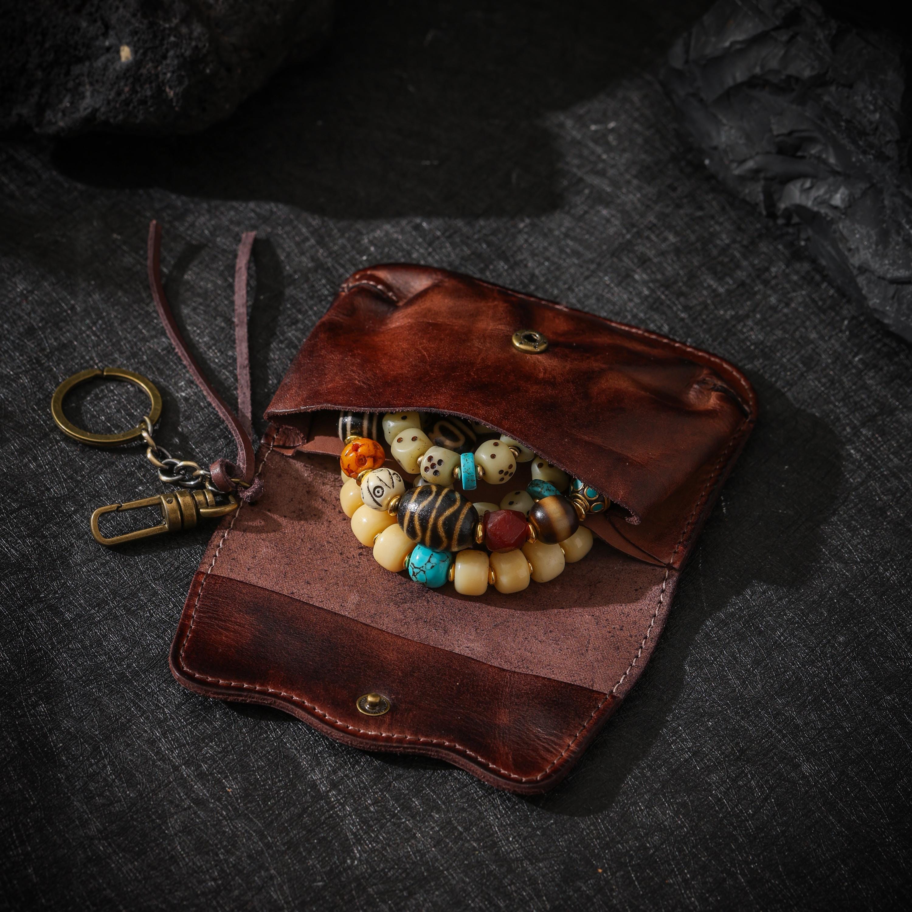 AURA DEER Tibetan Vintage Veg-Tan Leather Pouch | Handmade Drawstring Rustic Jewelry Storage Bag