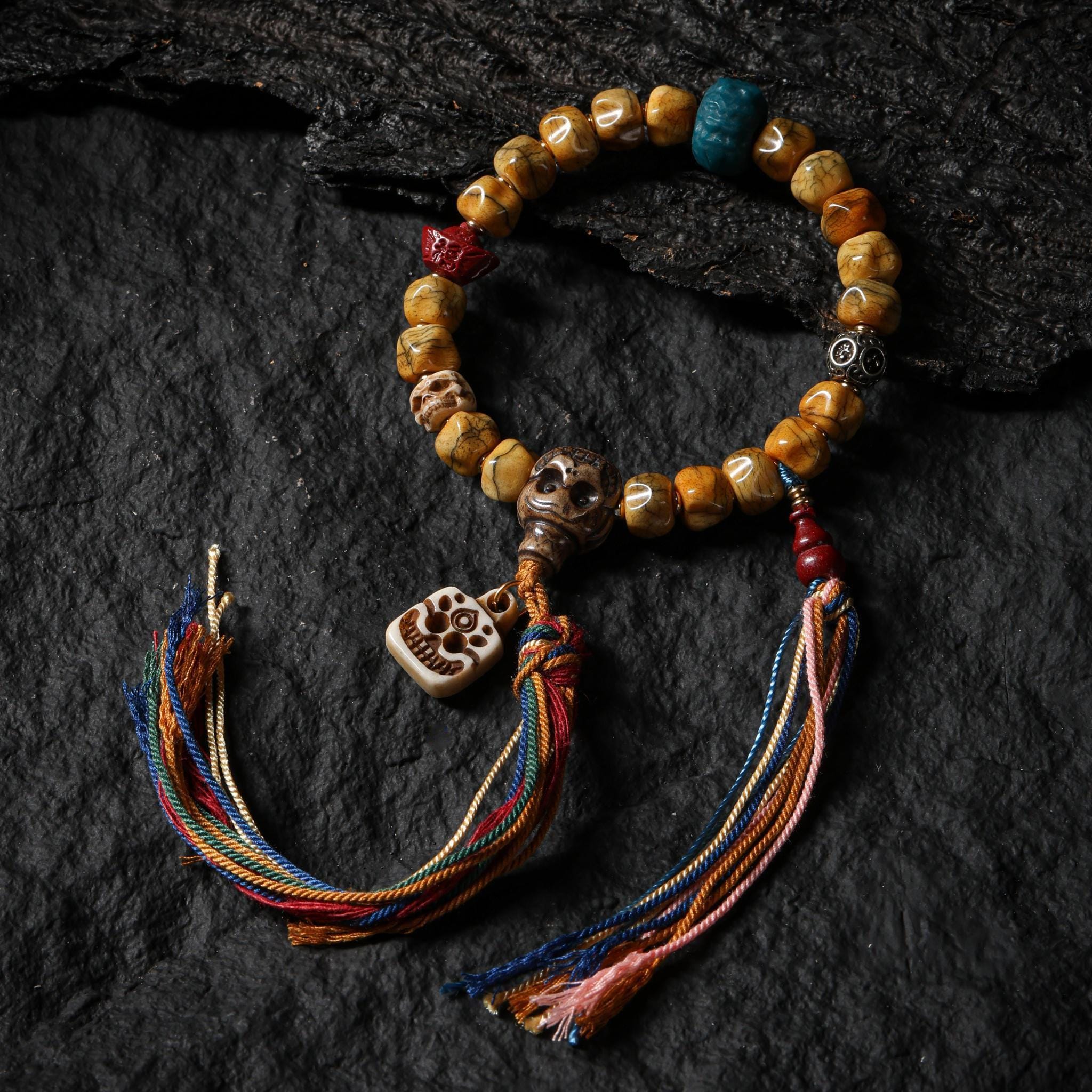 Yak Bone Carved Skull Amulet Tibetan Beaded Bracelet