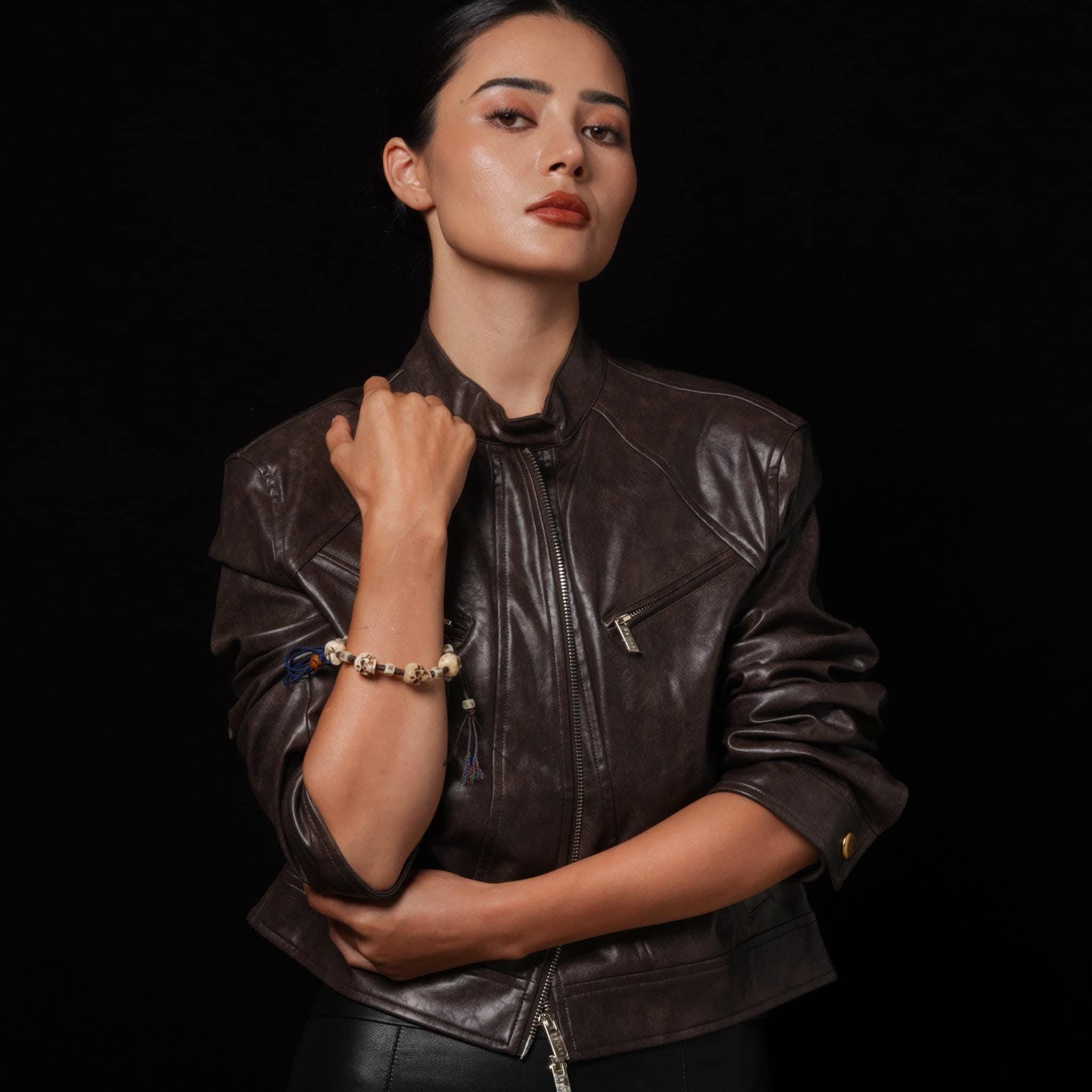 Yak Bone Carved Skull Amulet Tibetan Beaded Bracelet