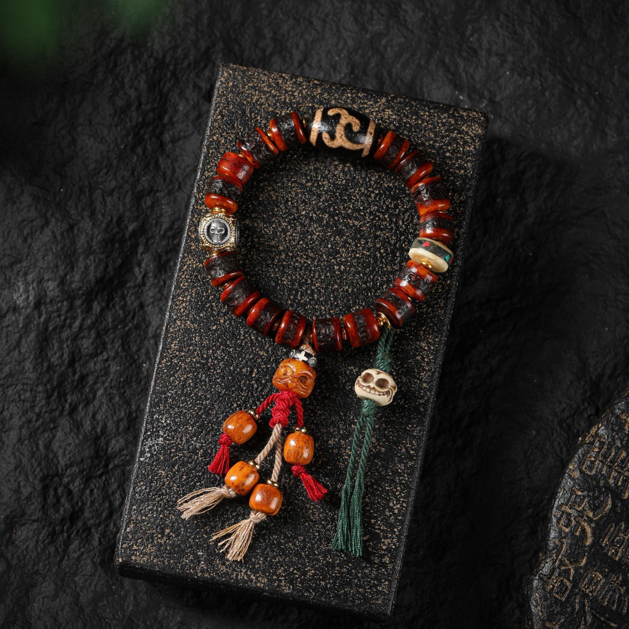 Red Yak Bone Bracelet with Skull & Dzi Beads