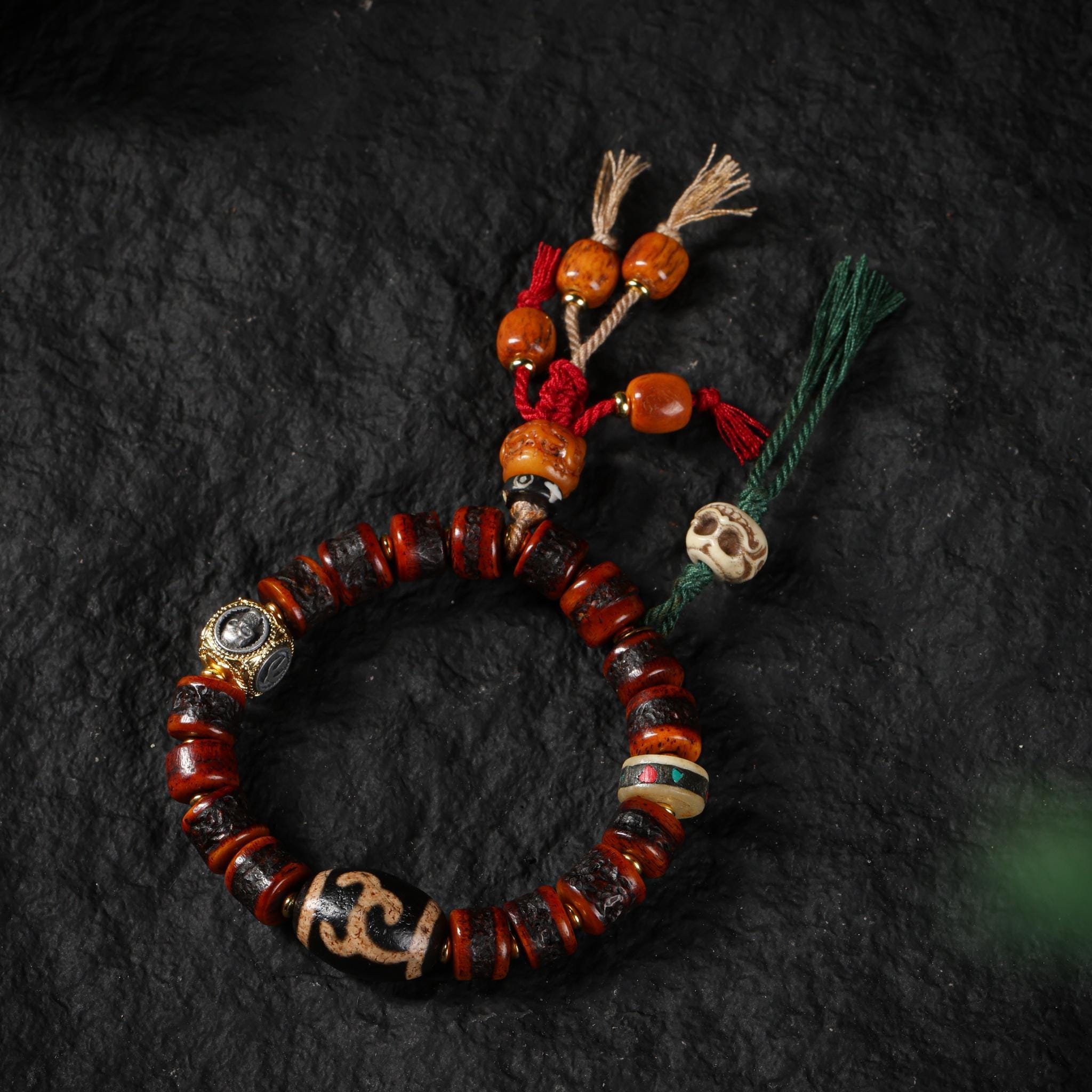 Red Yak Bone Bracelet with Skull & Dzi Beads