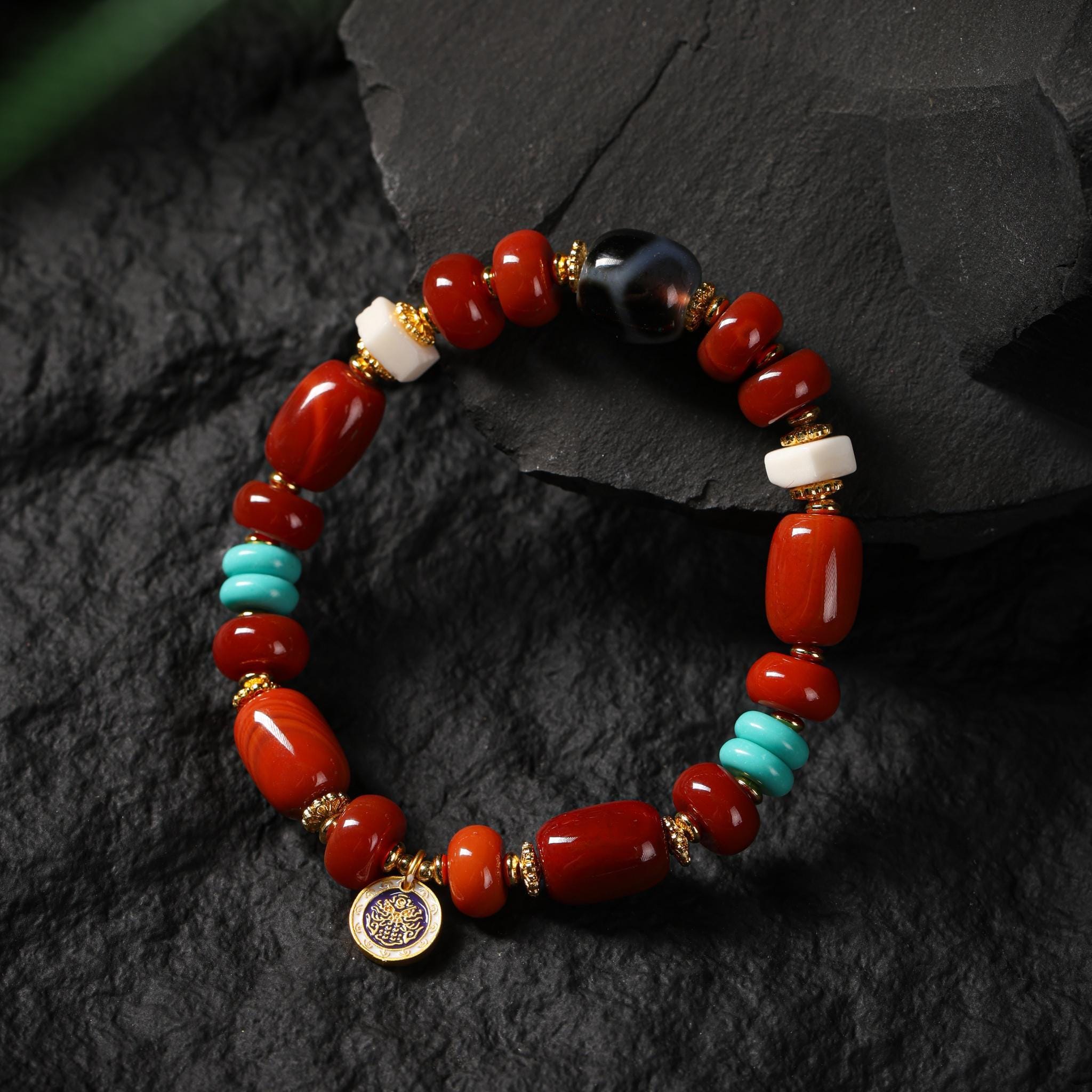 Multi-Gemstone Yak Bone Charm Bracelet