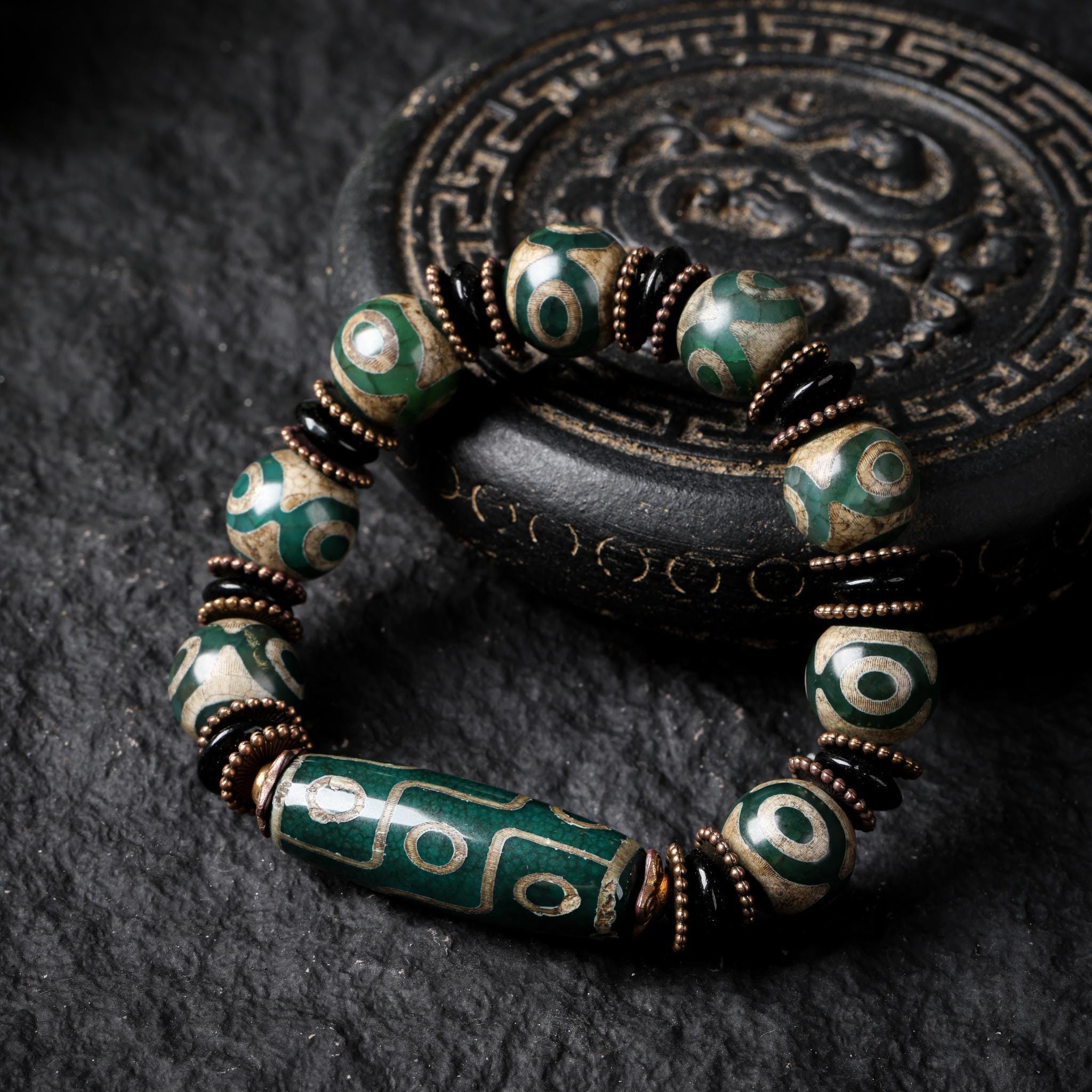 Tibetan Dzi Mala Bracelet Nine-Eye Green Dzi Beads