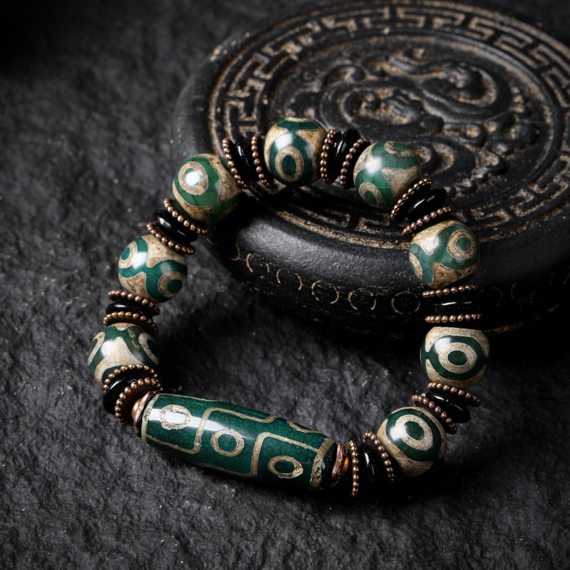 Nine-Eye Green Dzi Mala Bracelet