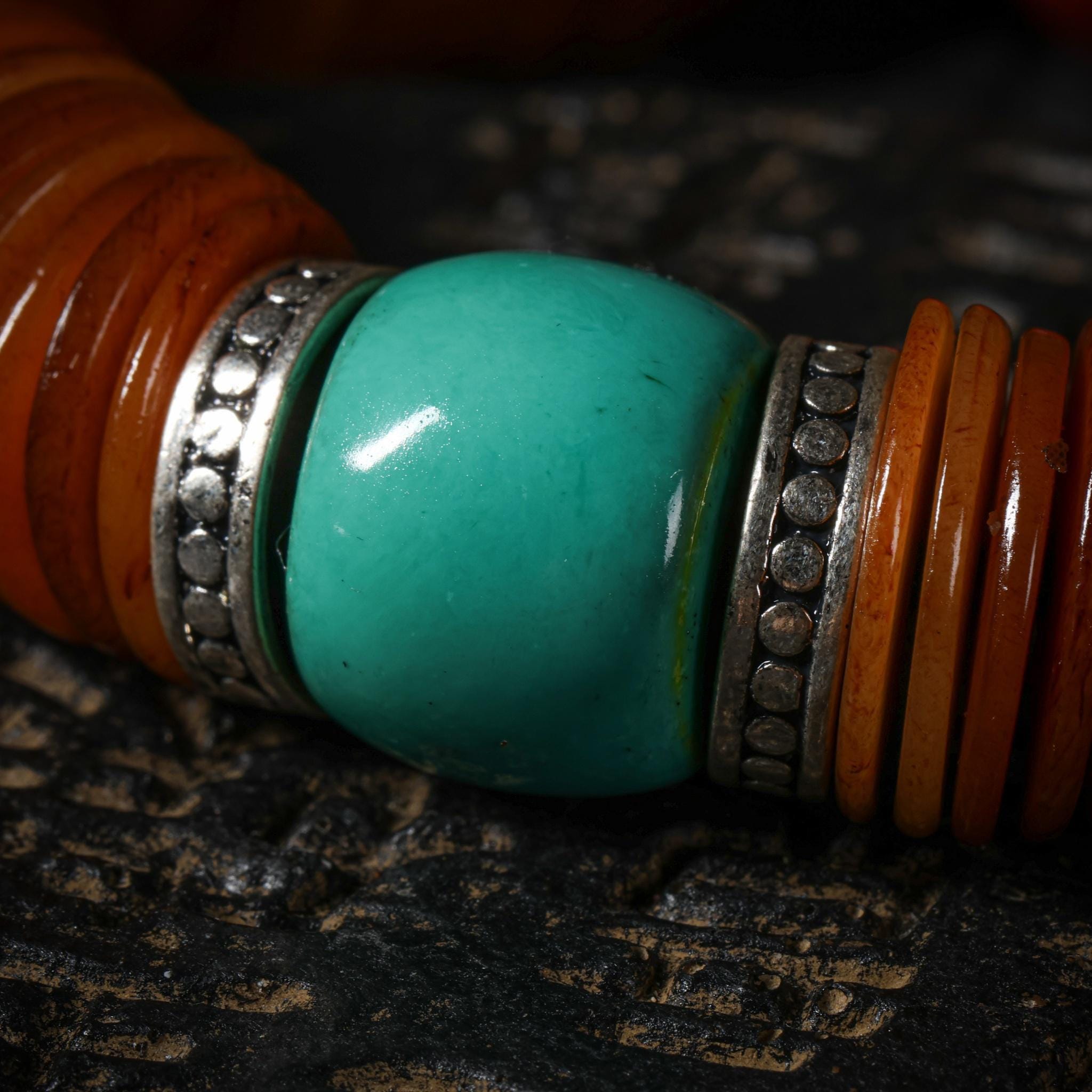 Yak Bone Bracelet 108 Disc Beads with Turquoise, Snow Lion Totem Amulet