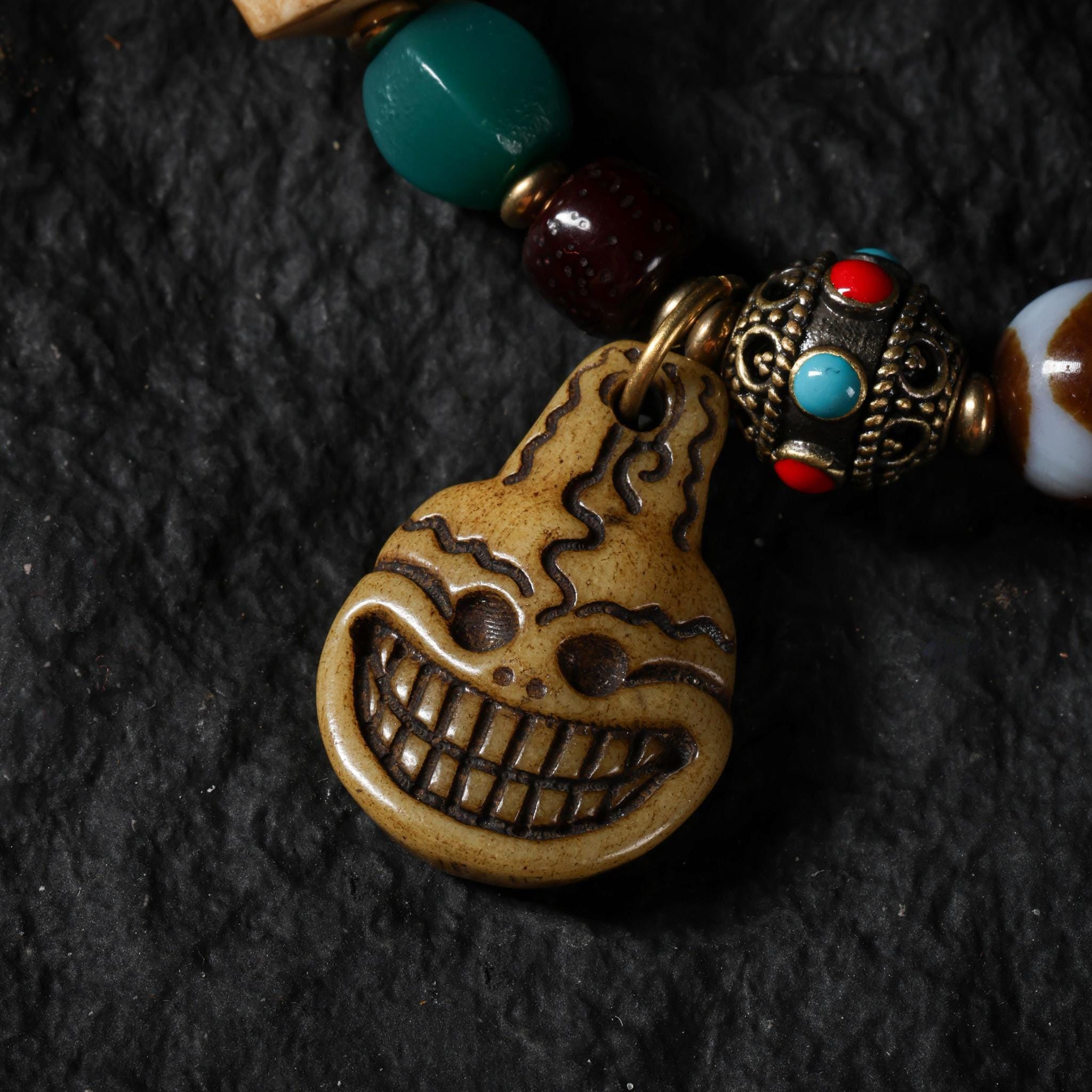 Tibetan Amulet Bracelet Yak Bone, Turquoise, Agate & Dzi Bead