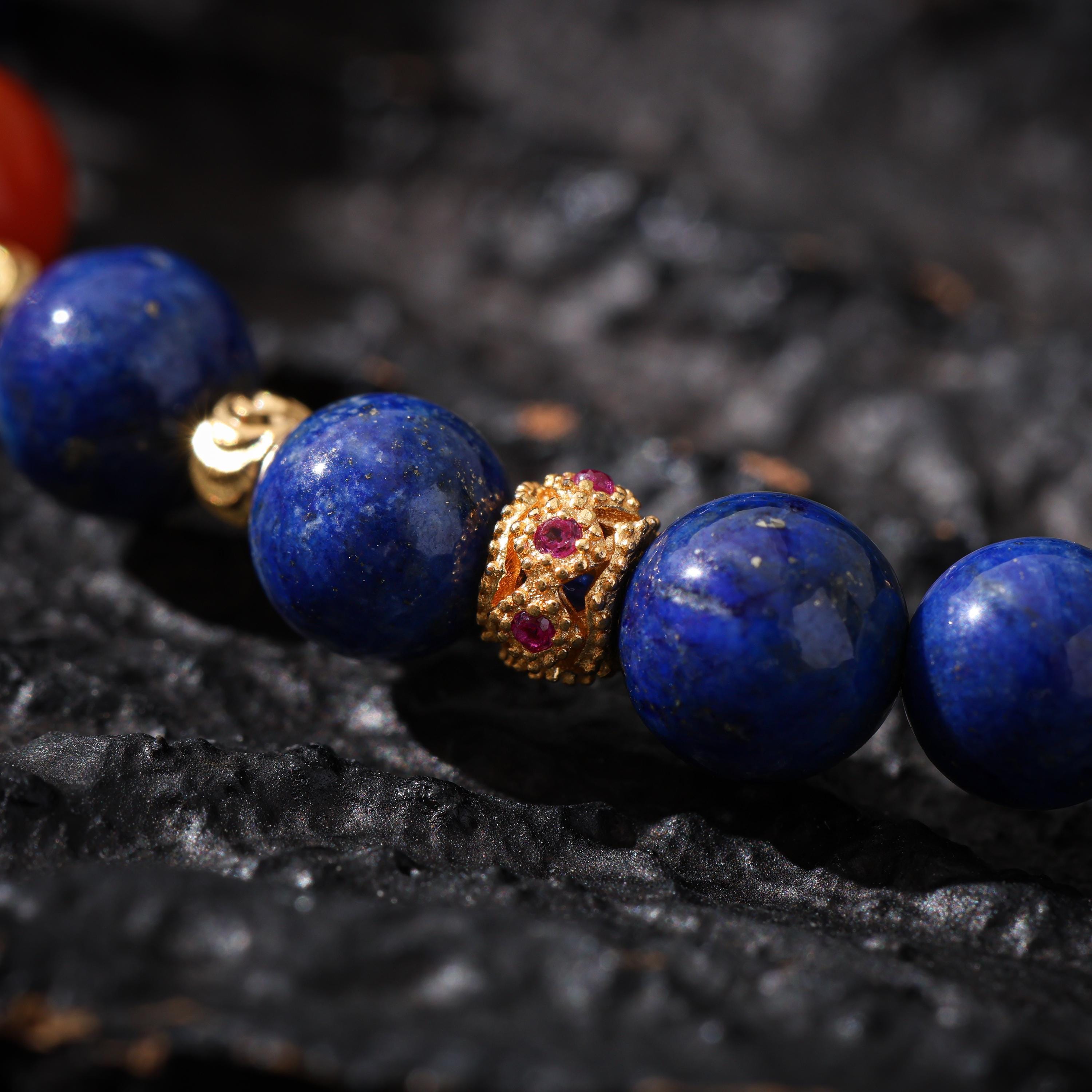 Lapis Lazuli bracelet Red Agate, Ruby, Gold-plated