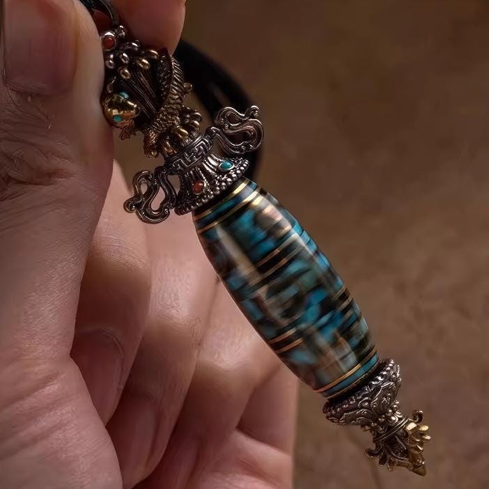 Vajra Rotating Dzi Pendant with Turquoise Accents