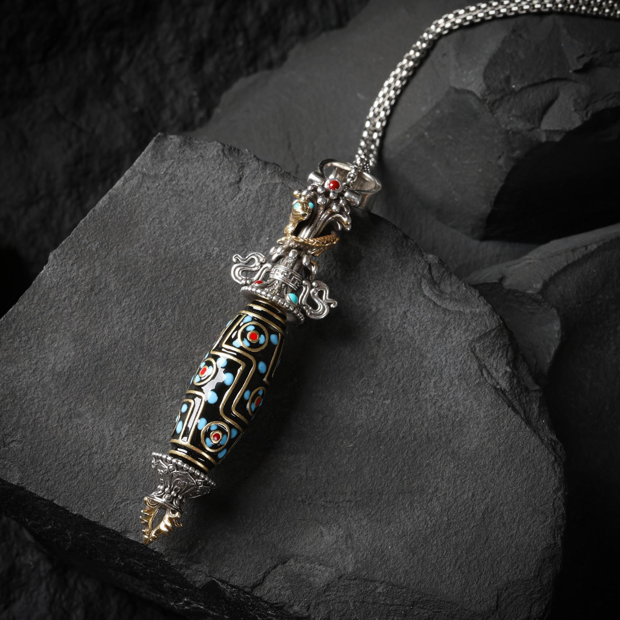 Vajra & Dzi Bead Necklace Sterling Silver