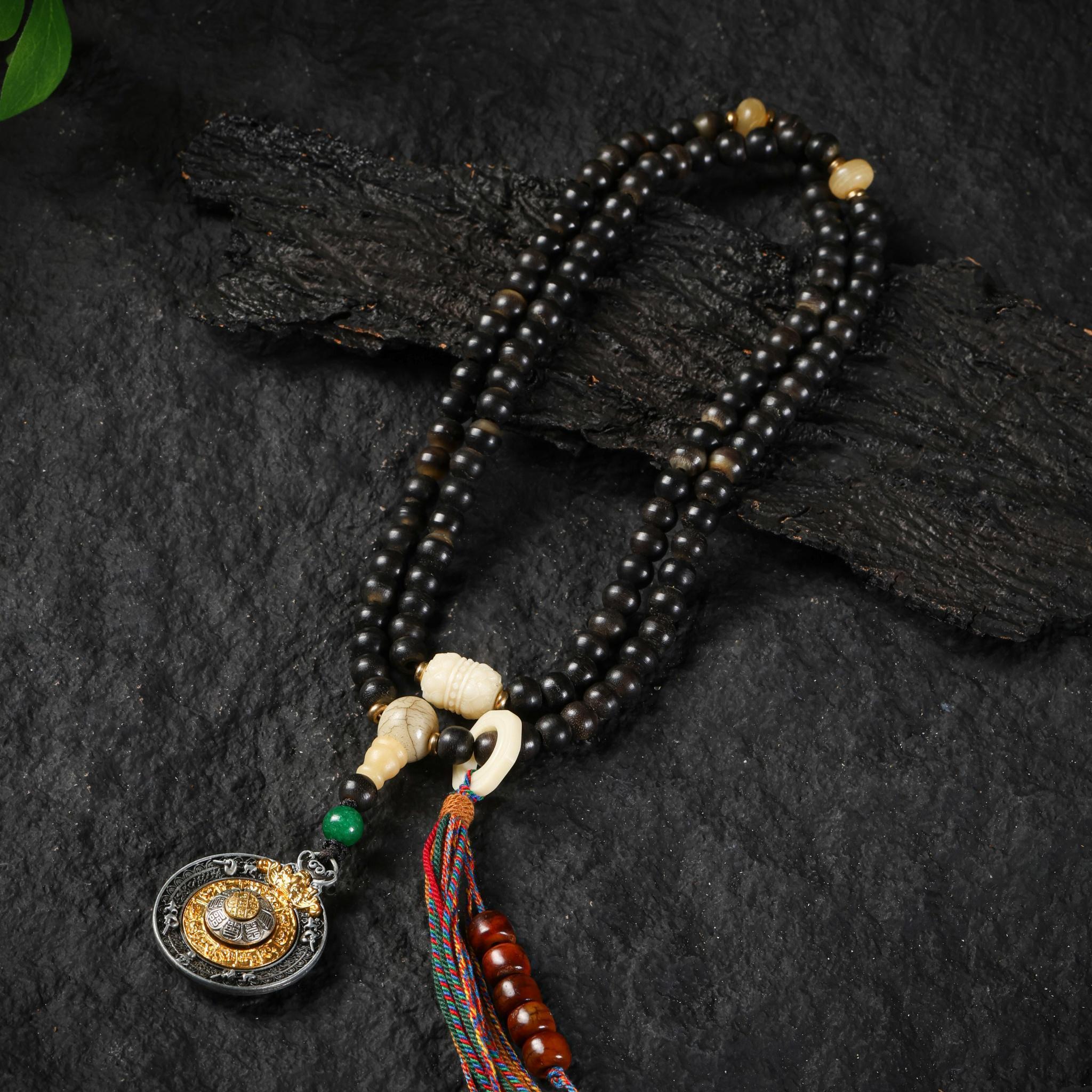 Yak Bone Mala Beads 108 with Tibetan Silver Amulet