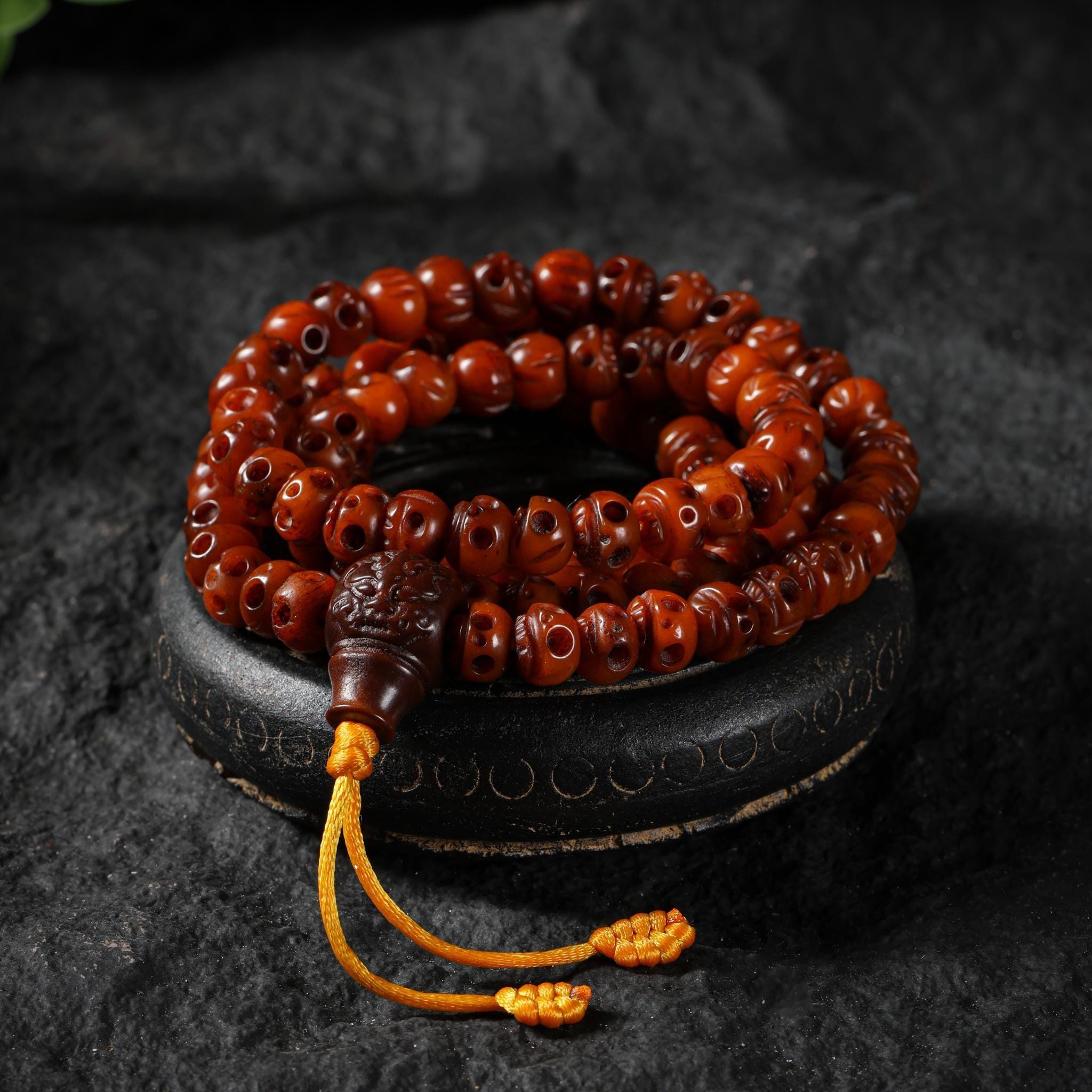 Yak Bone Skull 108 Beads Mala Bracelet, Aged Round & Barrel Beads