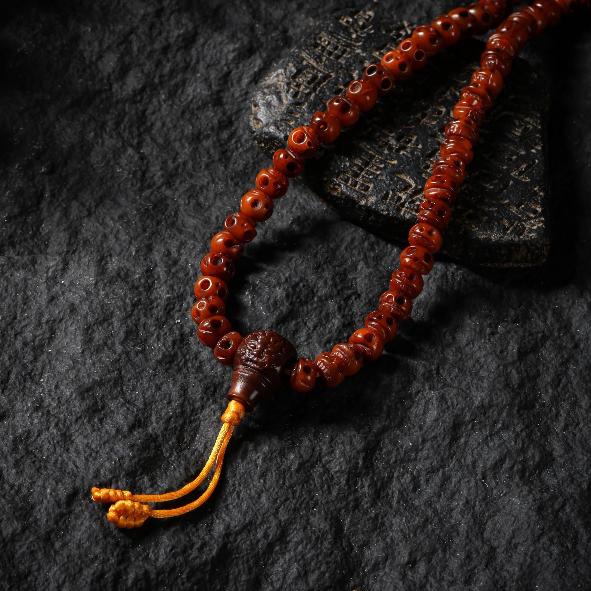 Yak Bone Skull 108 Beads Mala Bracelet, Aged Round & Barrel Beads