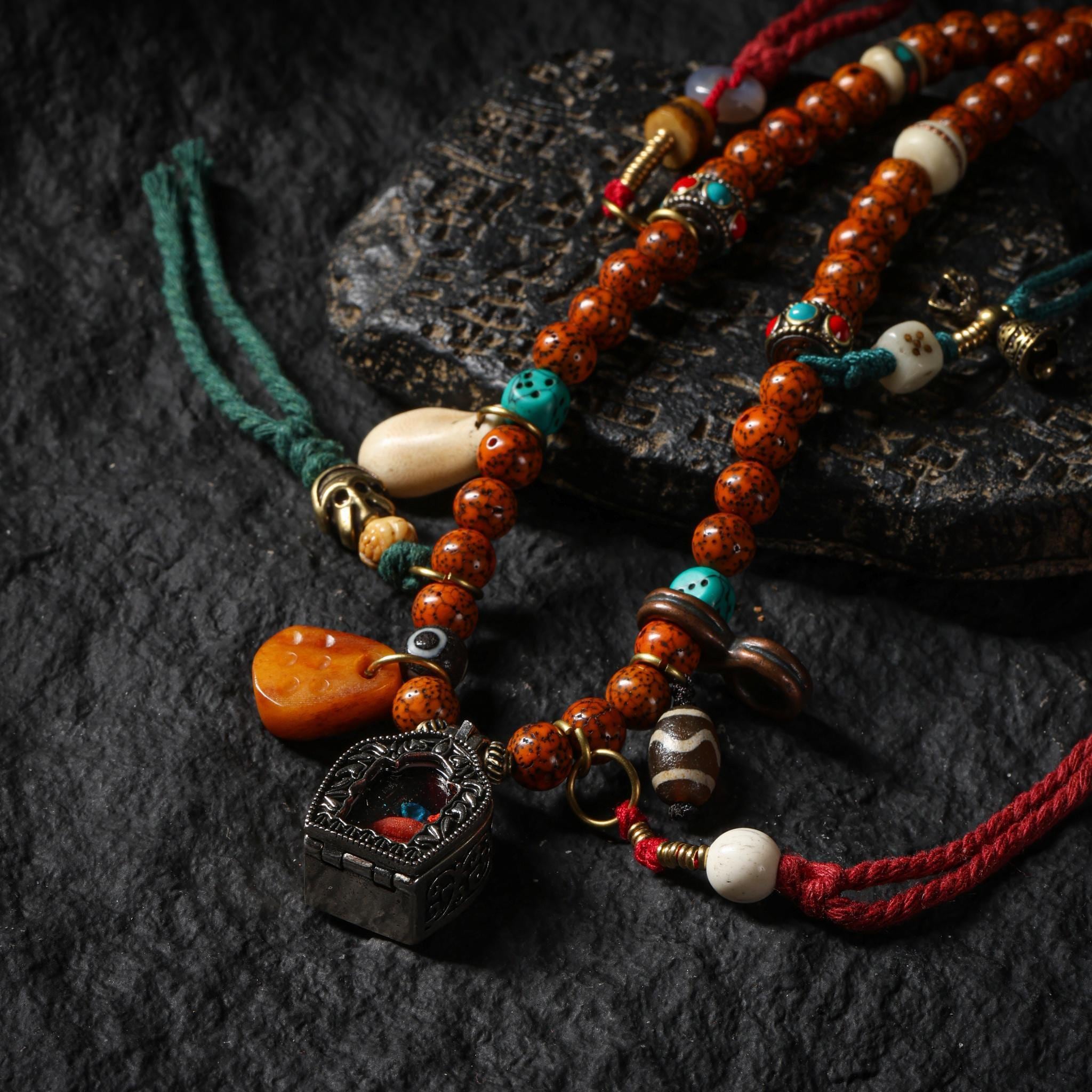 Bodhi Beads Necklace – Vintage Tibetan Mala with Gau Amulet