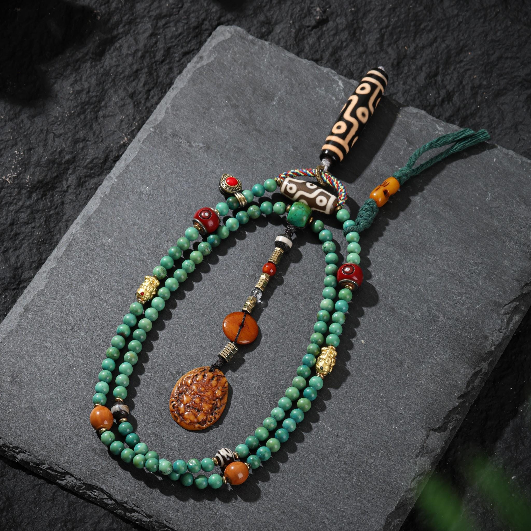 Turquoise Nine-Eyed Dzi Bead Necklace Tibetan Totem Amulet