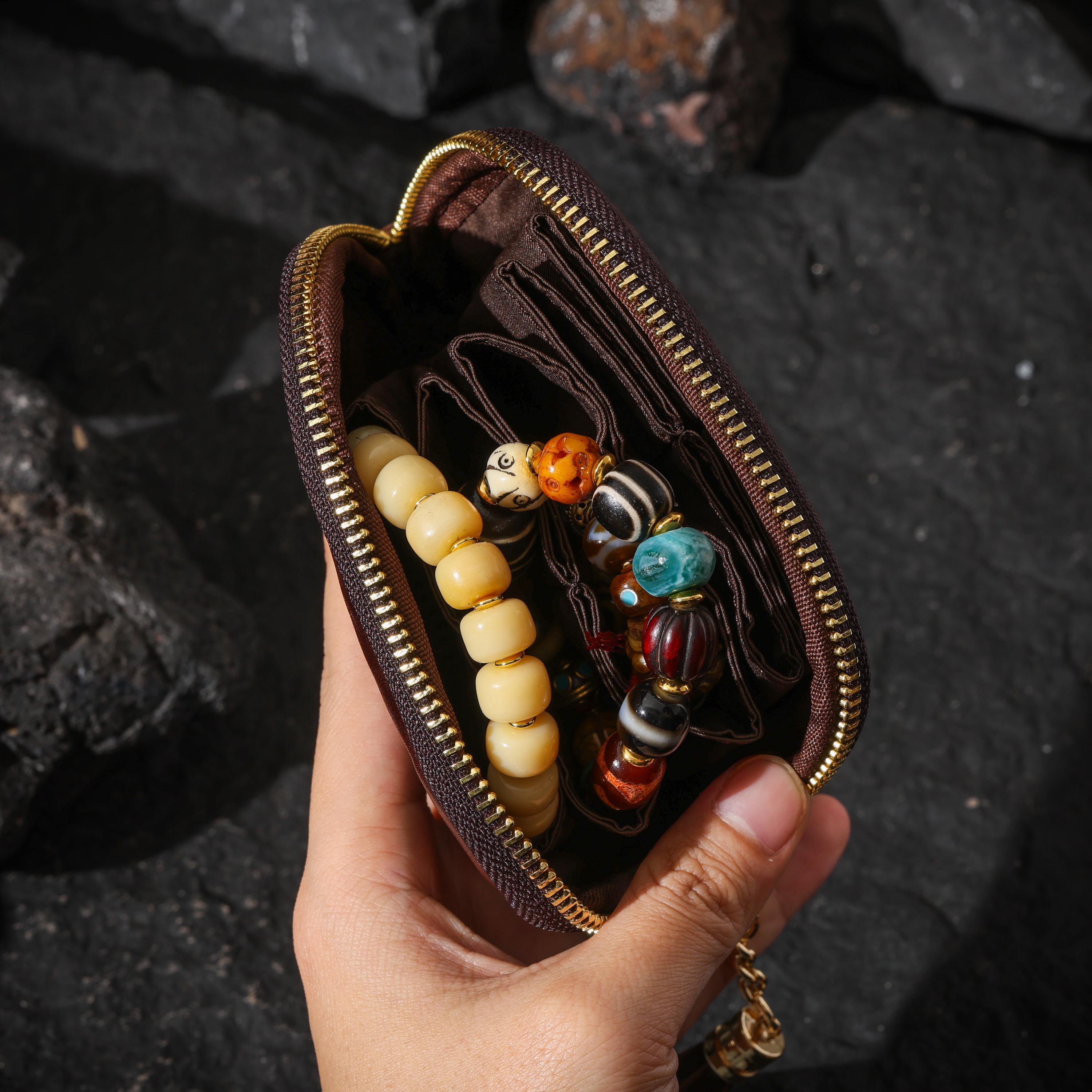 AURA DEER Vintage Genuine Cowhide Jewelry Pouch | Drawstring Leather Jewelry Storage Bag Travel Case