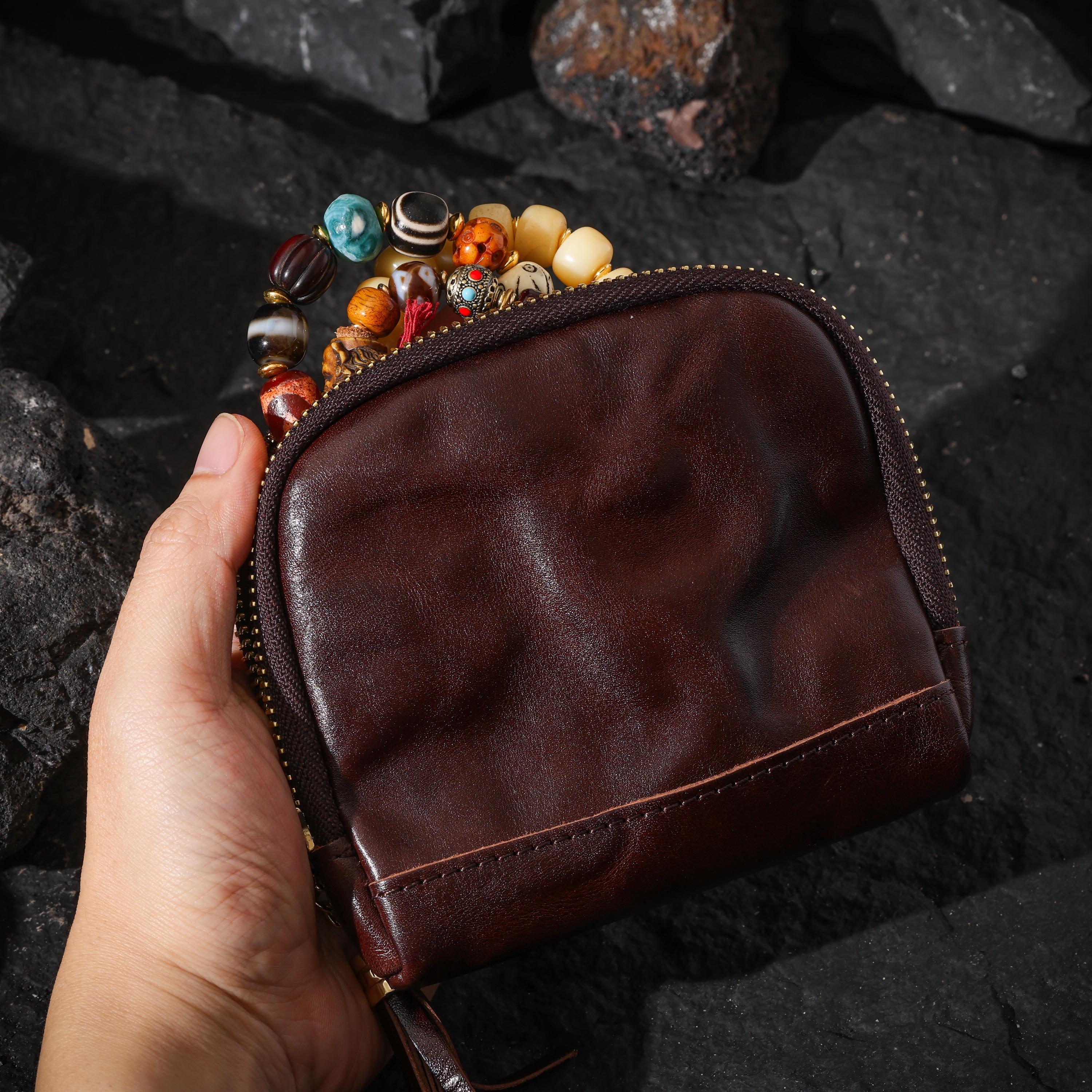 AURA DEER Vintage Genuine Cowhide Jewelry Pouch | Drawstring Leather Jewelry Storage Bag Travel Case