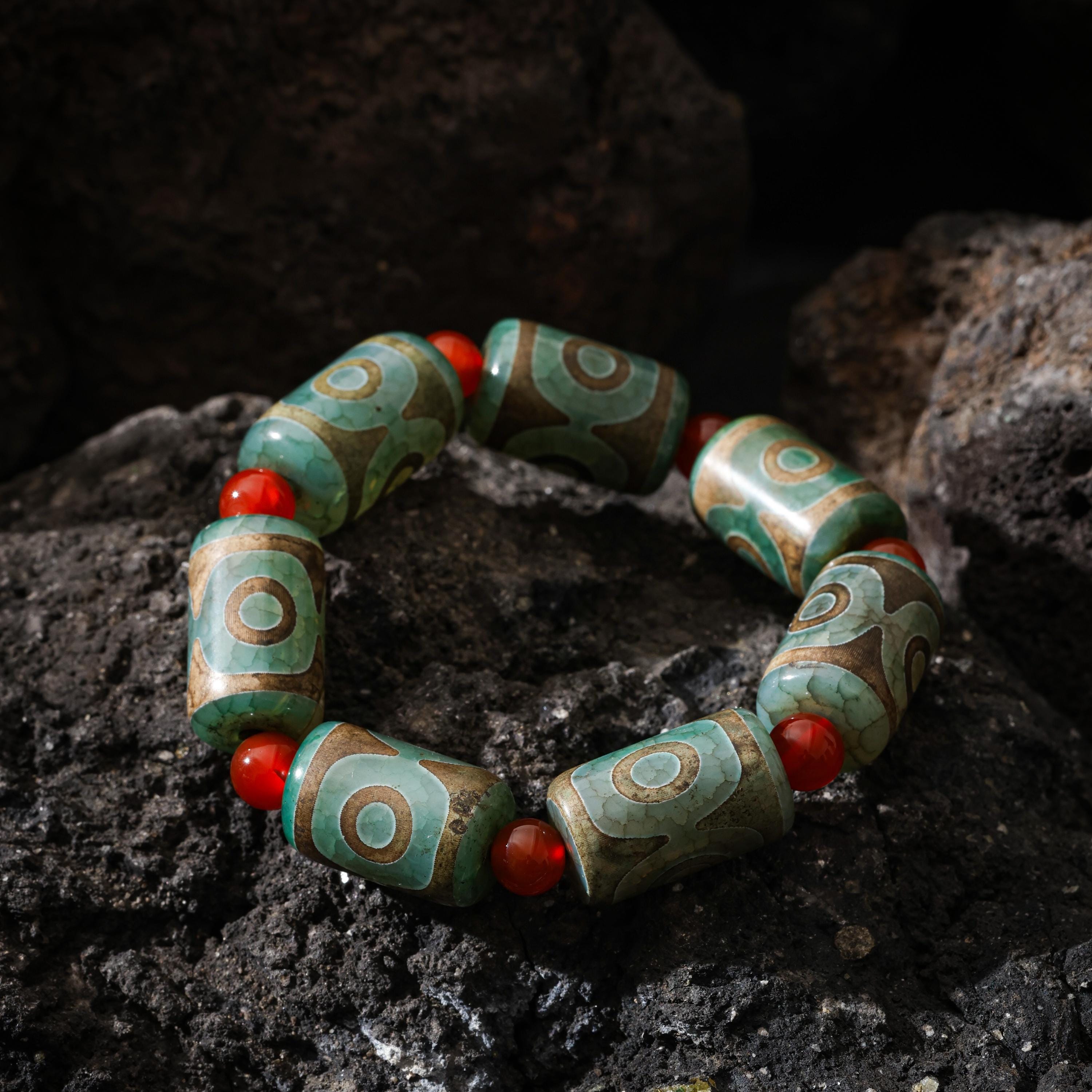 AURA DEER Tibetan Dzi Agate Bracelet Statement Stretch Bracelet Protective Talisman Jewelry