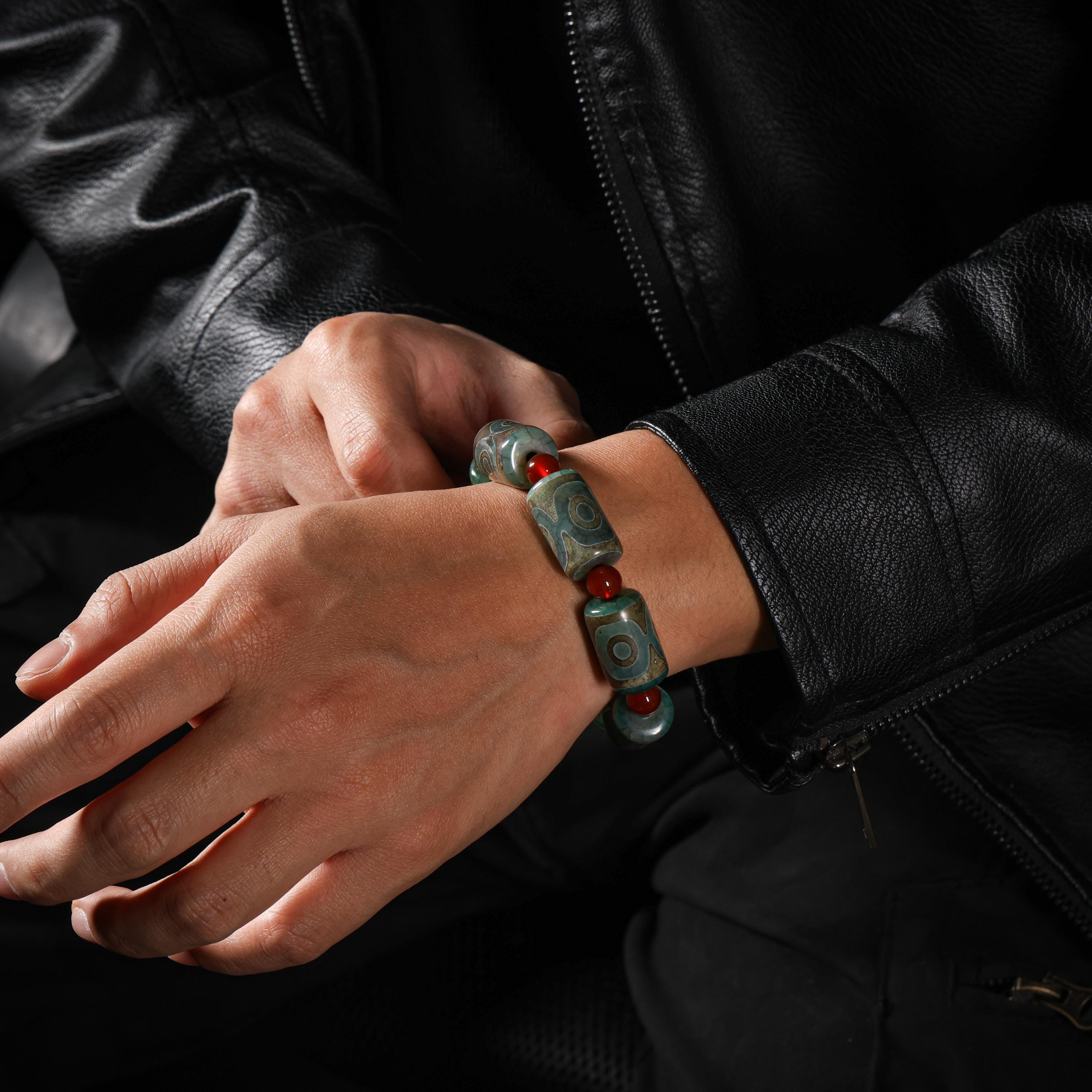 AURA DEER Tibetan Dzi Agate Bracelet Statement Stretch Bracelet Protective Talisman Jewelry