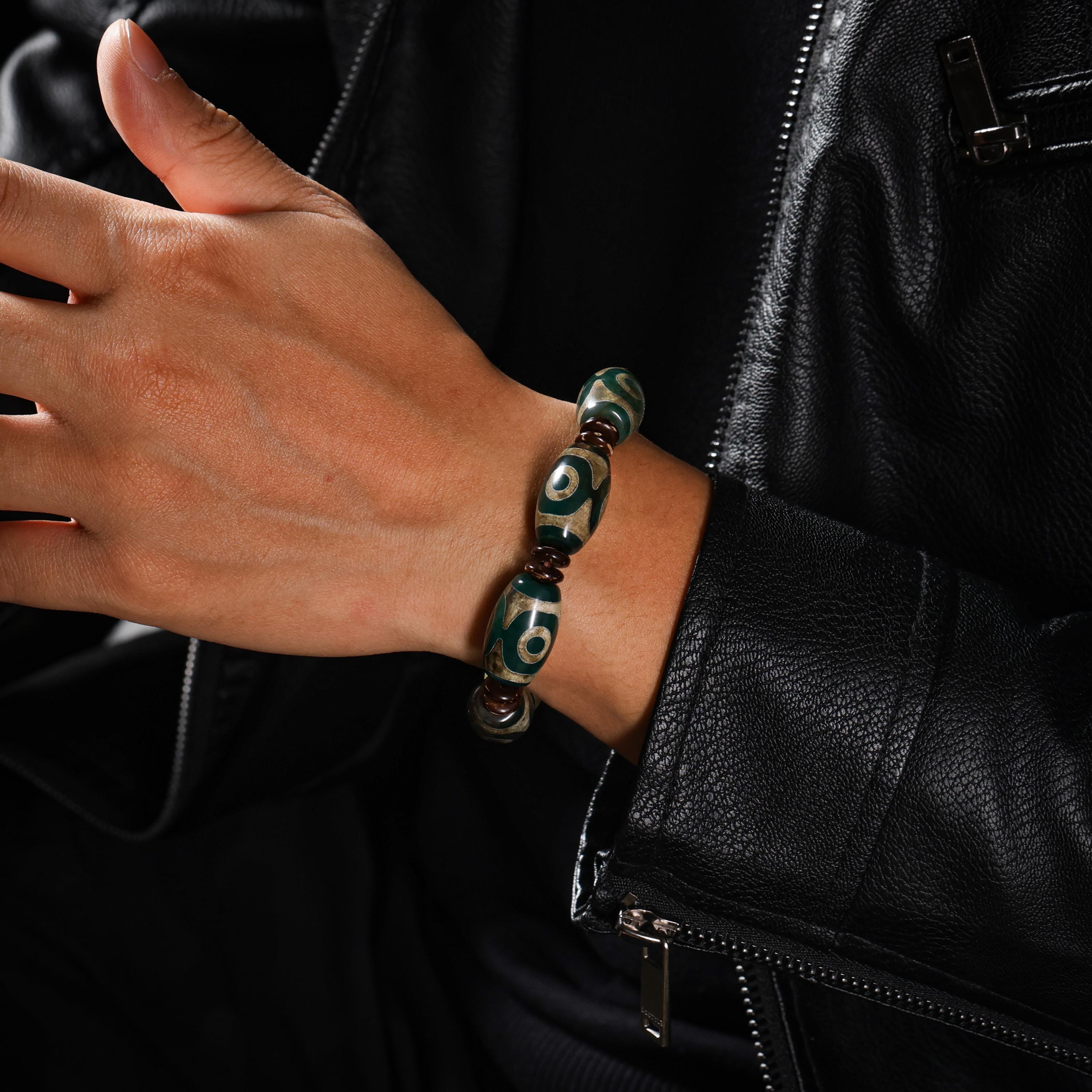 AURA DEER Tibetan Dzi Agate Bracelet Statement Stretch Bracelet Protective Talisman Jewelry