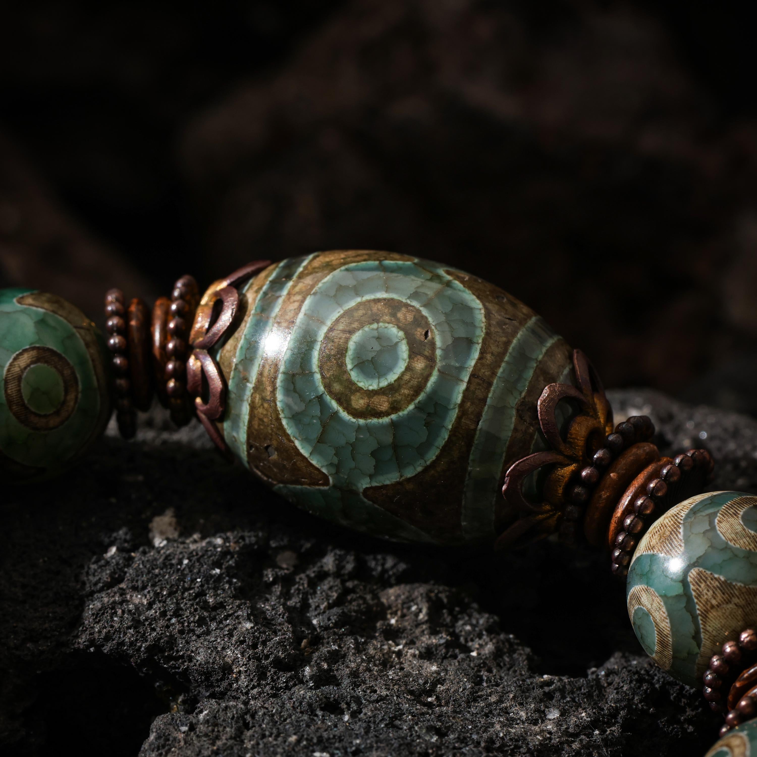 AURA DEER Tibetan Dzi Agate Bracelet Statement Stretch Bracelet Protective Talisman Jewelry