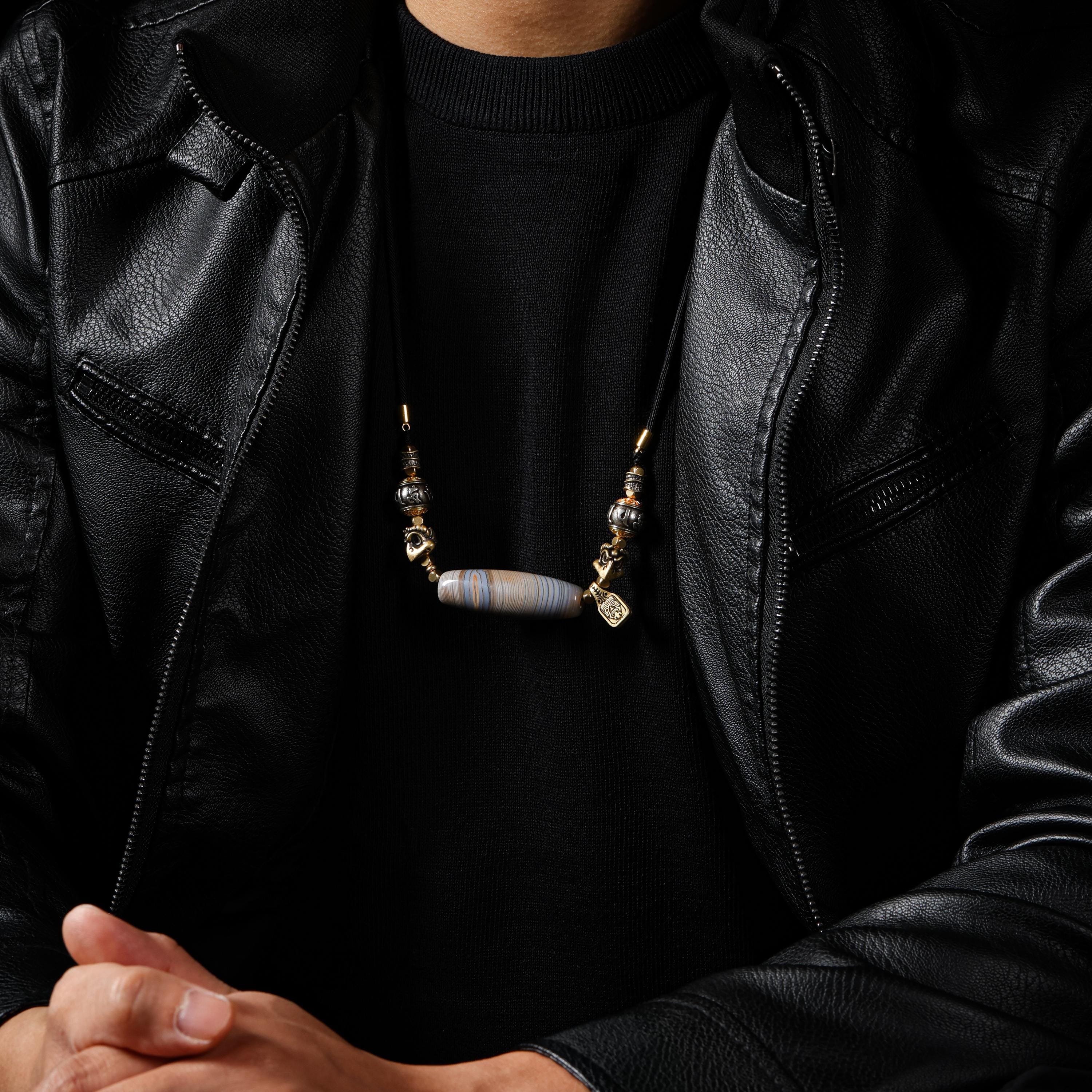 AURA DEER Blue Agate Dzi Pendant Necklace, Om Mani Padme Hum, Garuda, Zaki Charms