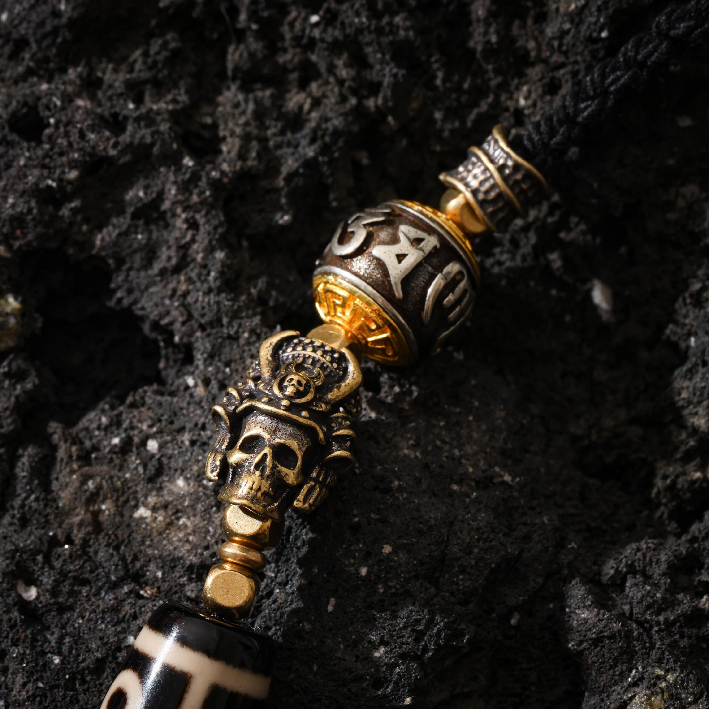 AURA DEER Dzi Bead Necklace, Om Mani Padme Hum, Skull Warrior Charms, Adjustable