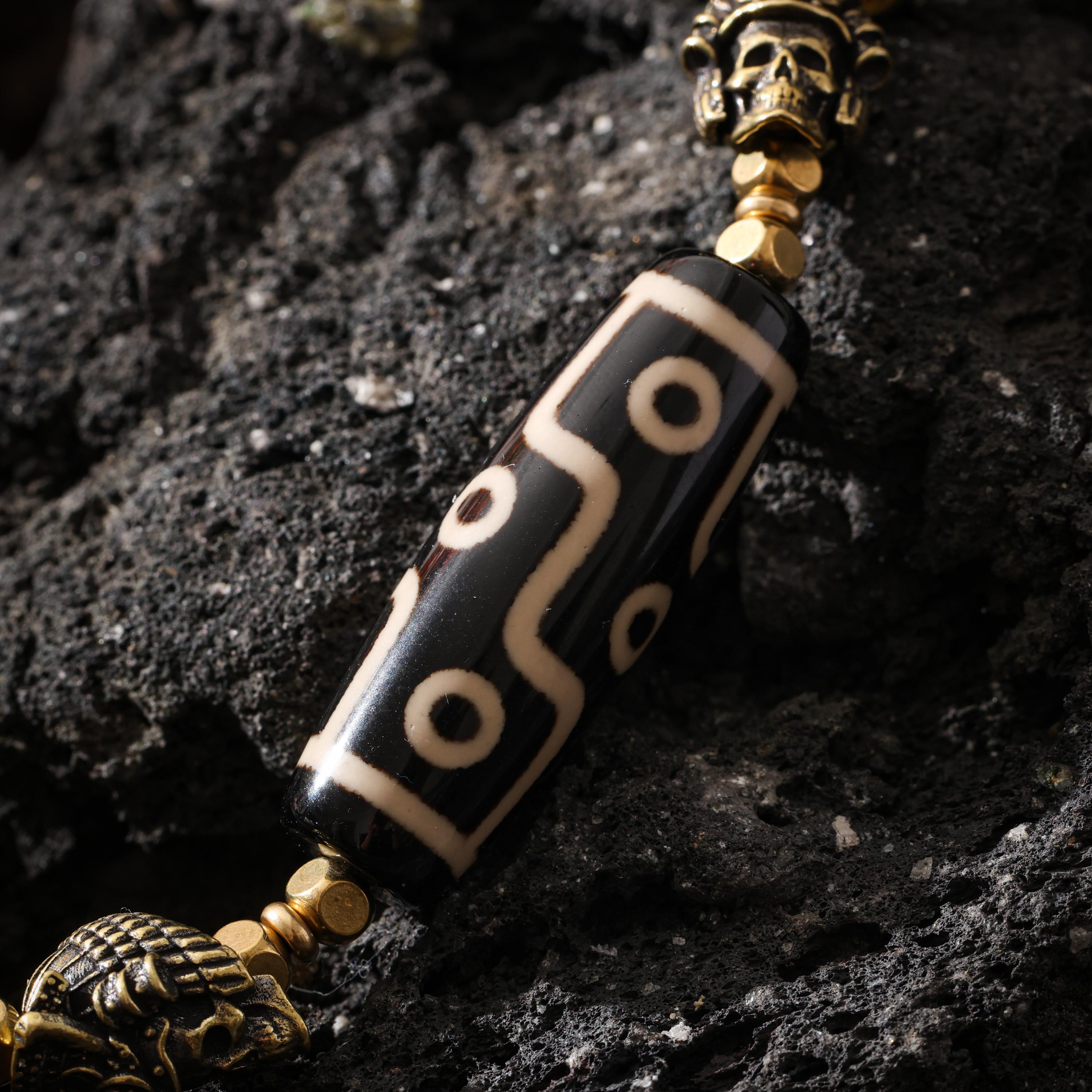 AURA DEER Dzi Bead Necklace, Om Mani Padme Hum, Skull Warrior Charms, Adjustable