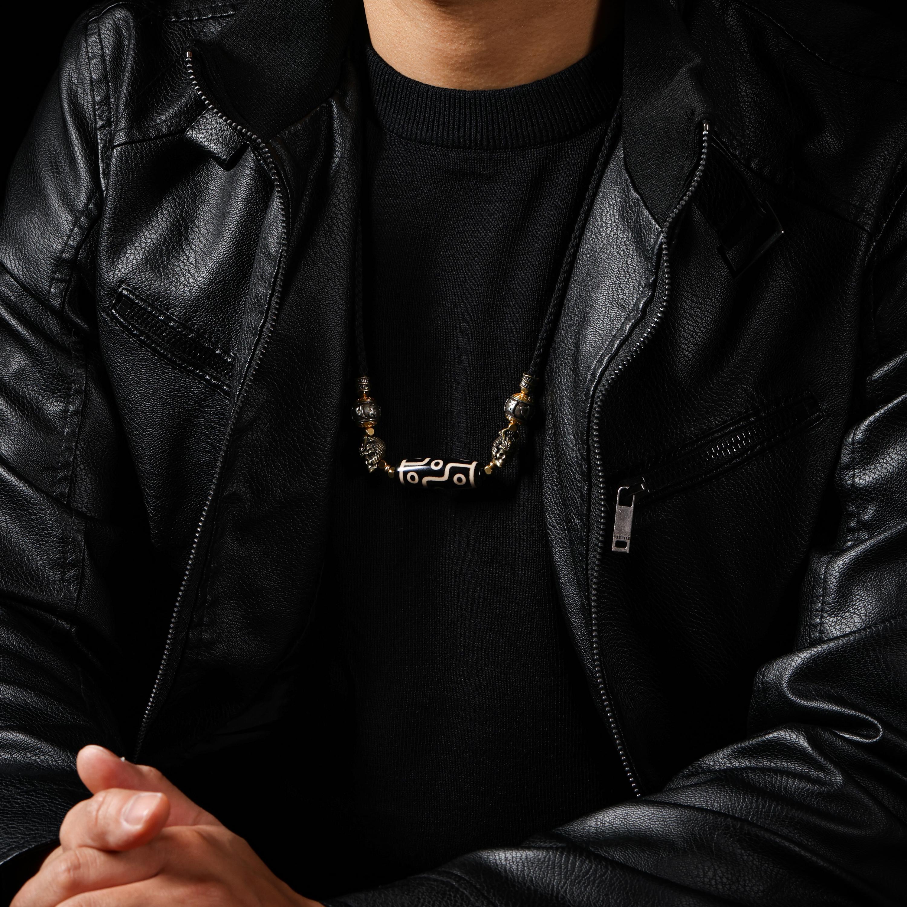 AURA DEER Dzi Bead Necklace, Om Mani Padme Hum, Skull Warrior Charms, Adjustable