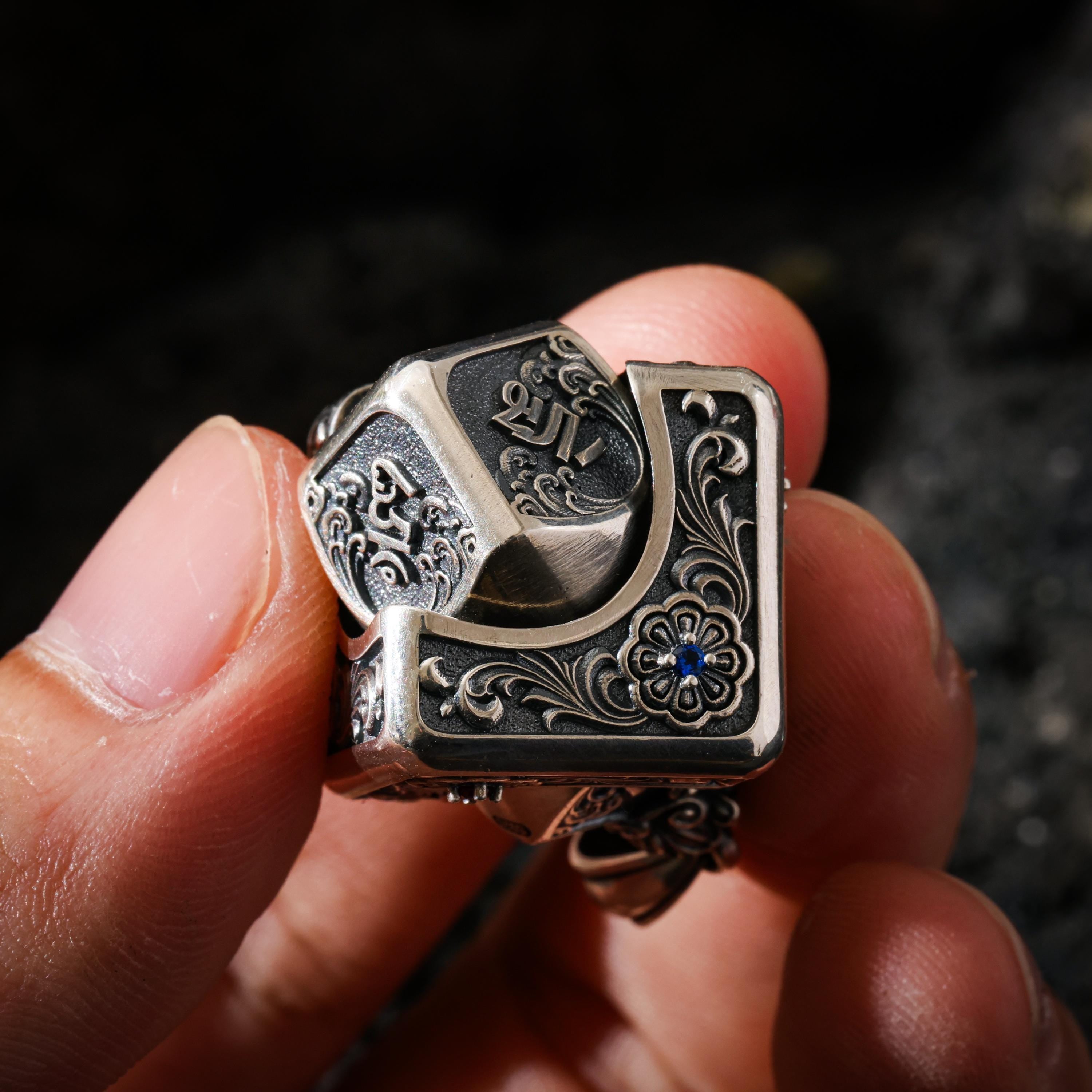 AURA DEER Om Mantra Cube Dice Pendant, Sterling Silver Rotating Talisman Necklace, Gemstone Accents