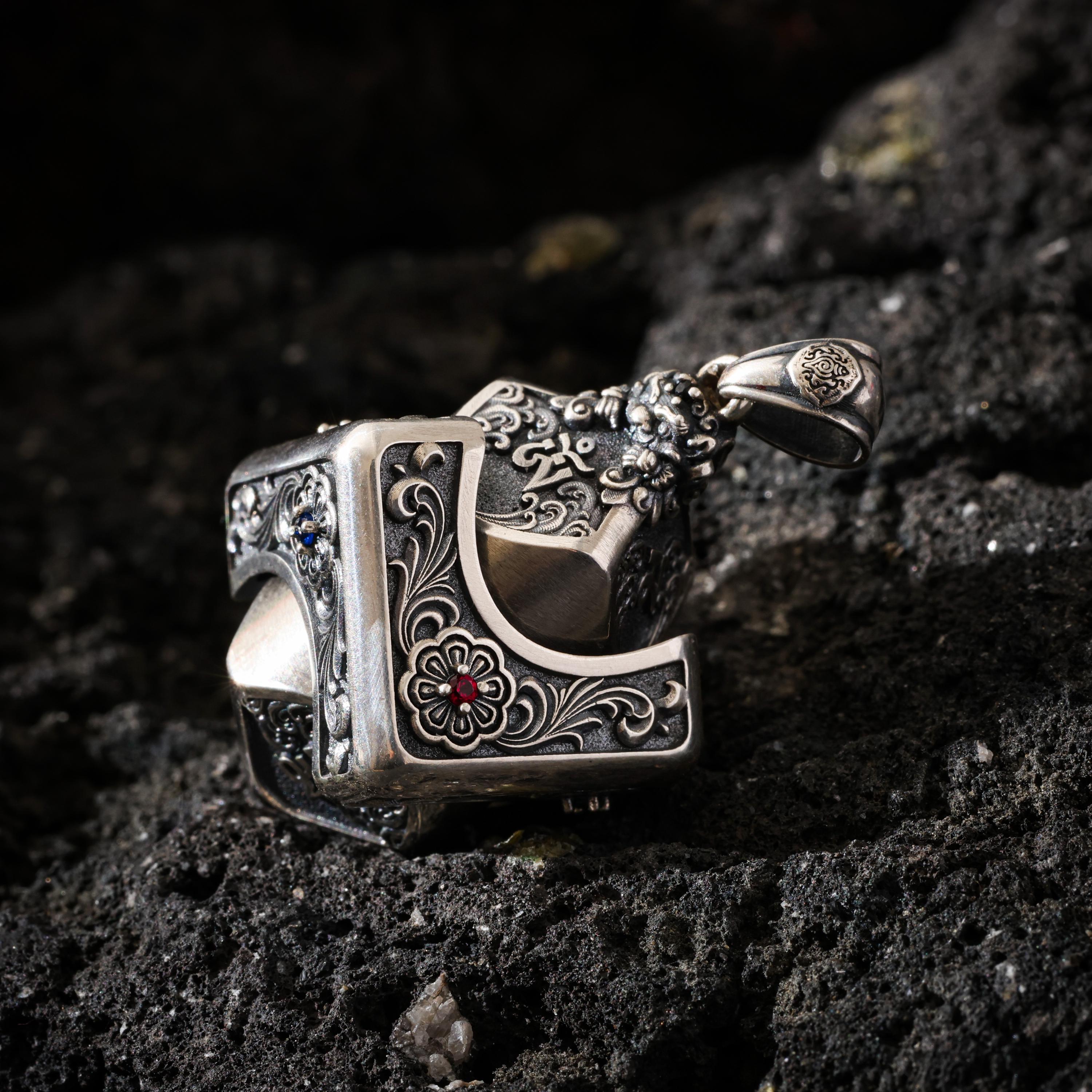 AURA DEER Om Mantra Cube Dice Pendant, Sterling Silver Rotating Talisman Necklace, Gemstone Accents