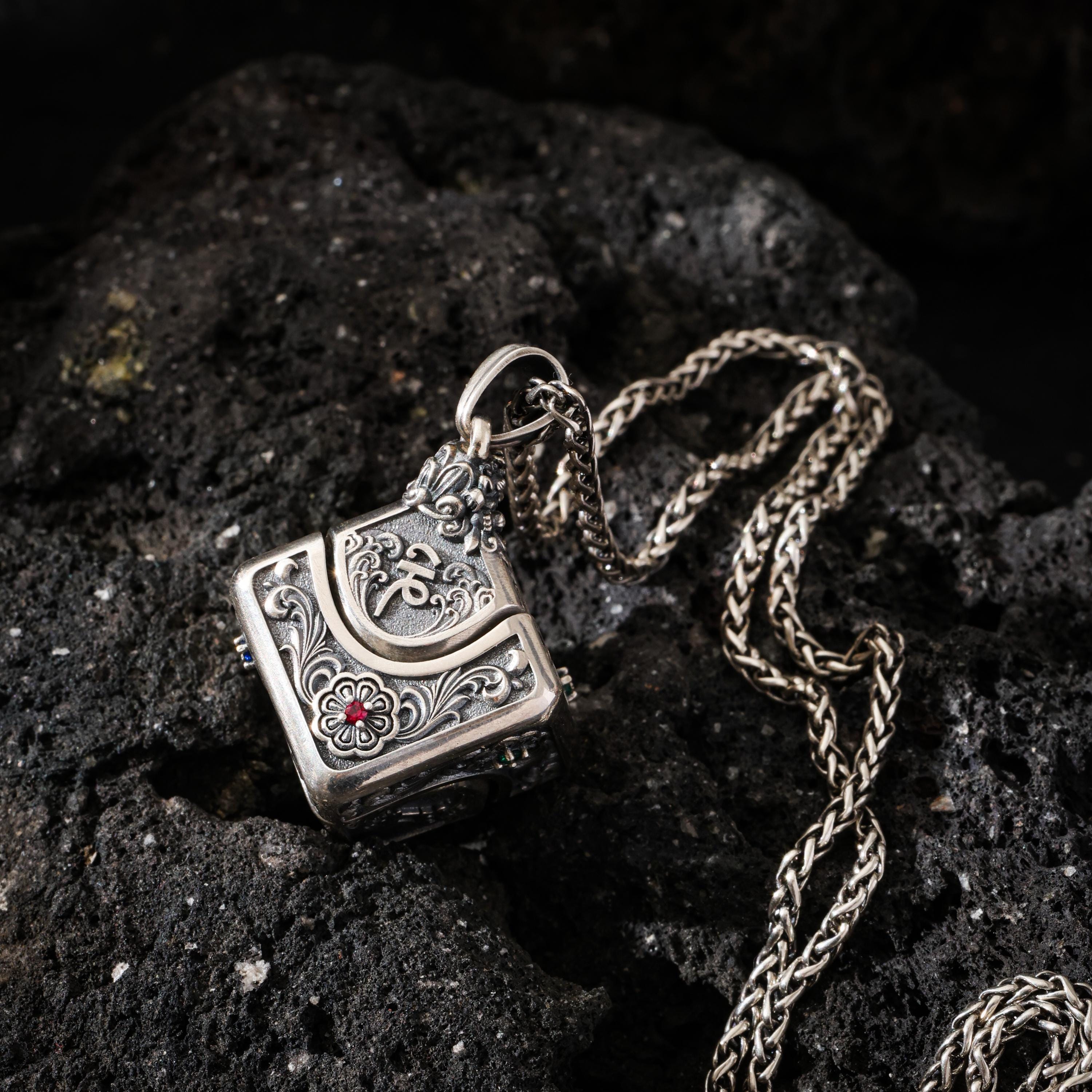 AURA DEER Om Mantra Cube Dice Pendant, Sterling Silver Rotating Talisman Necklace, Gemstone Accents