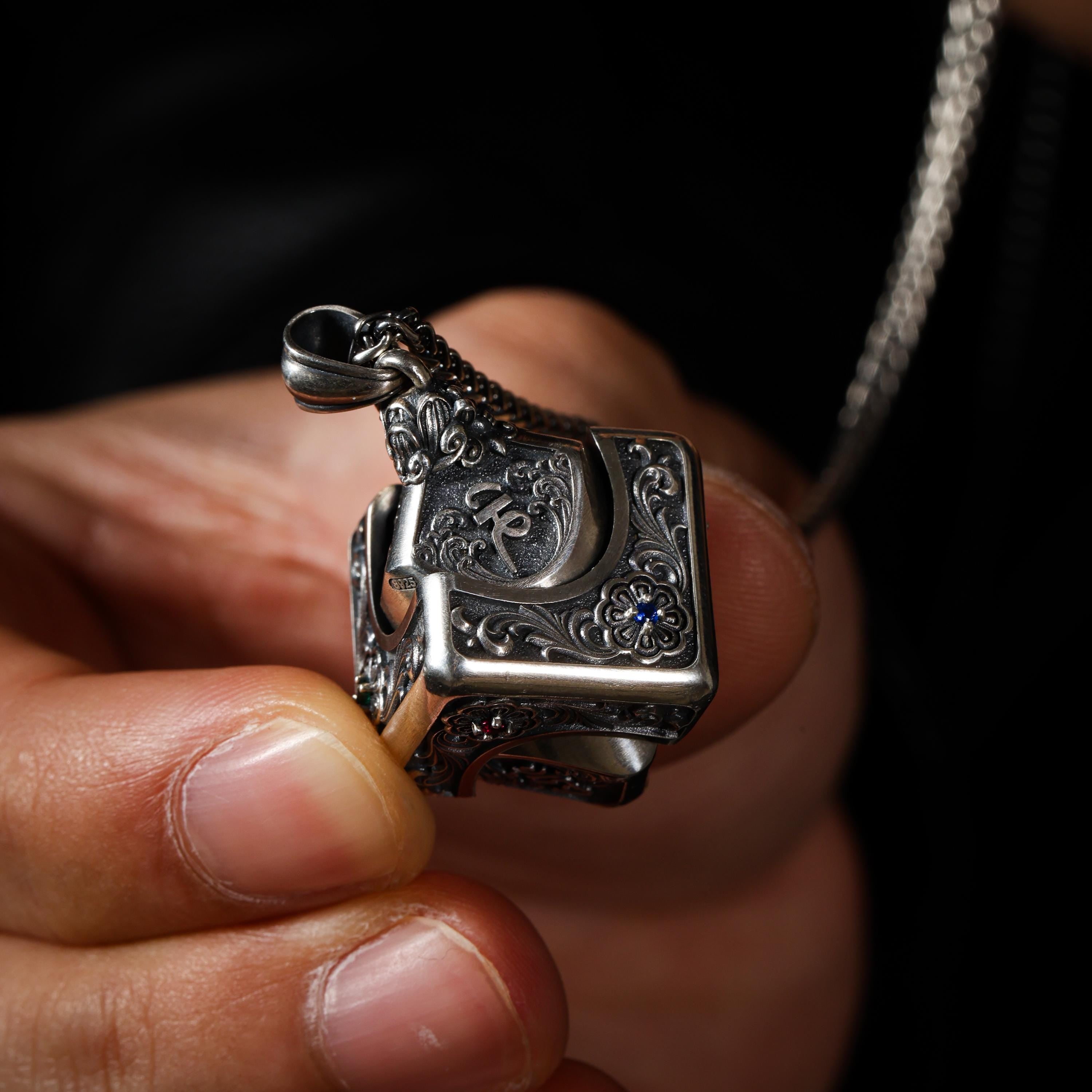 AURA DEER Om Mantra Cube Dice Pendant, Sterling Silver Rotating Talisman Necklace, Gemstone Accents