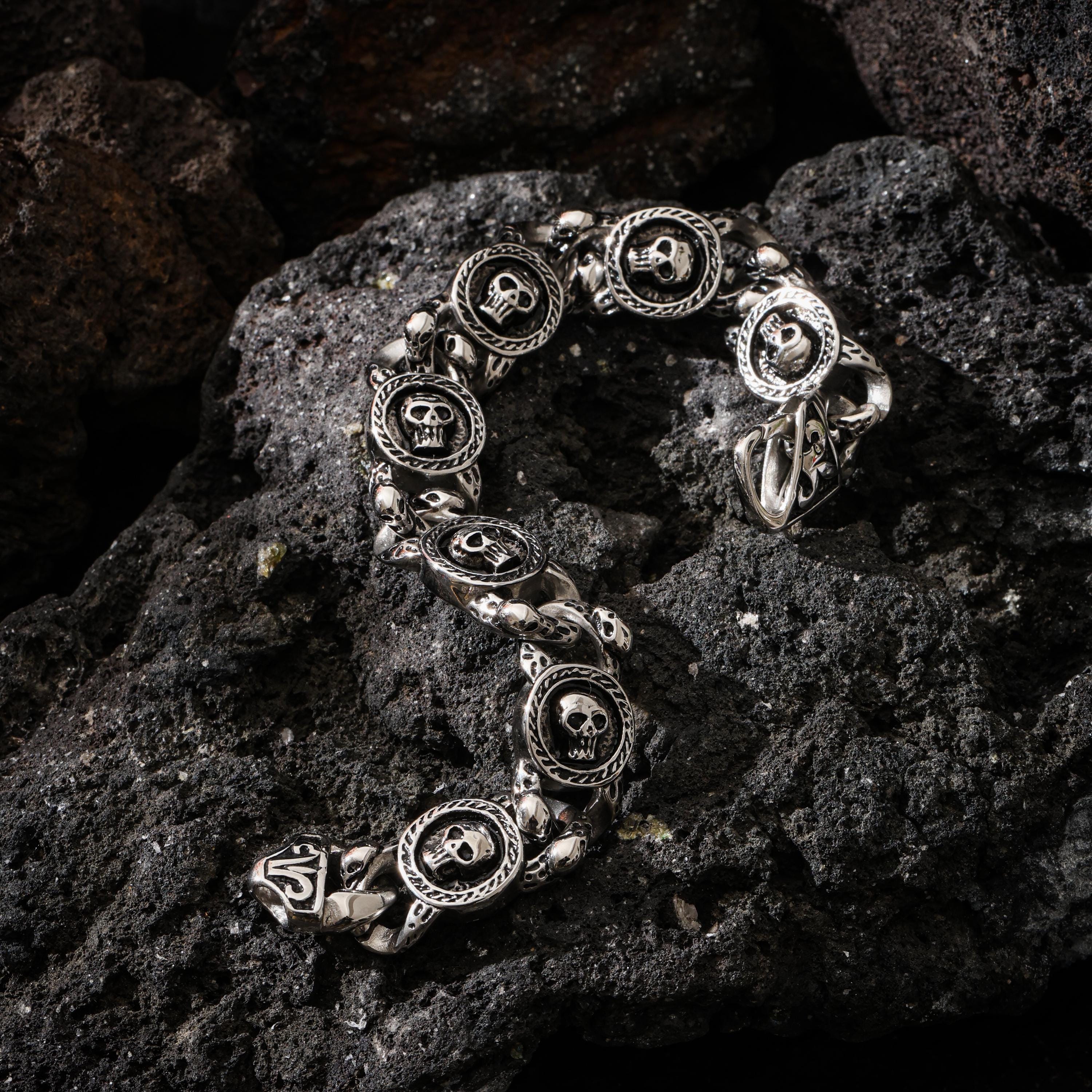 AURA DEER Skull Chain Bracelet, 316L Stainless Steel, Heavy Statement Bracelet, Spring Clasp