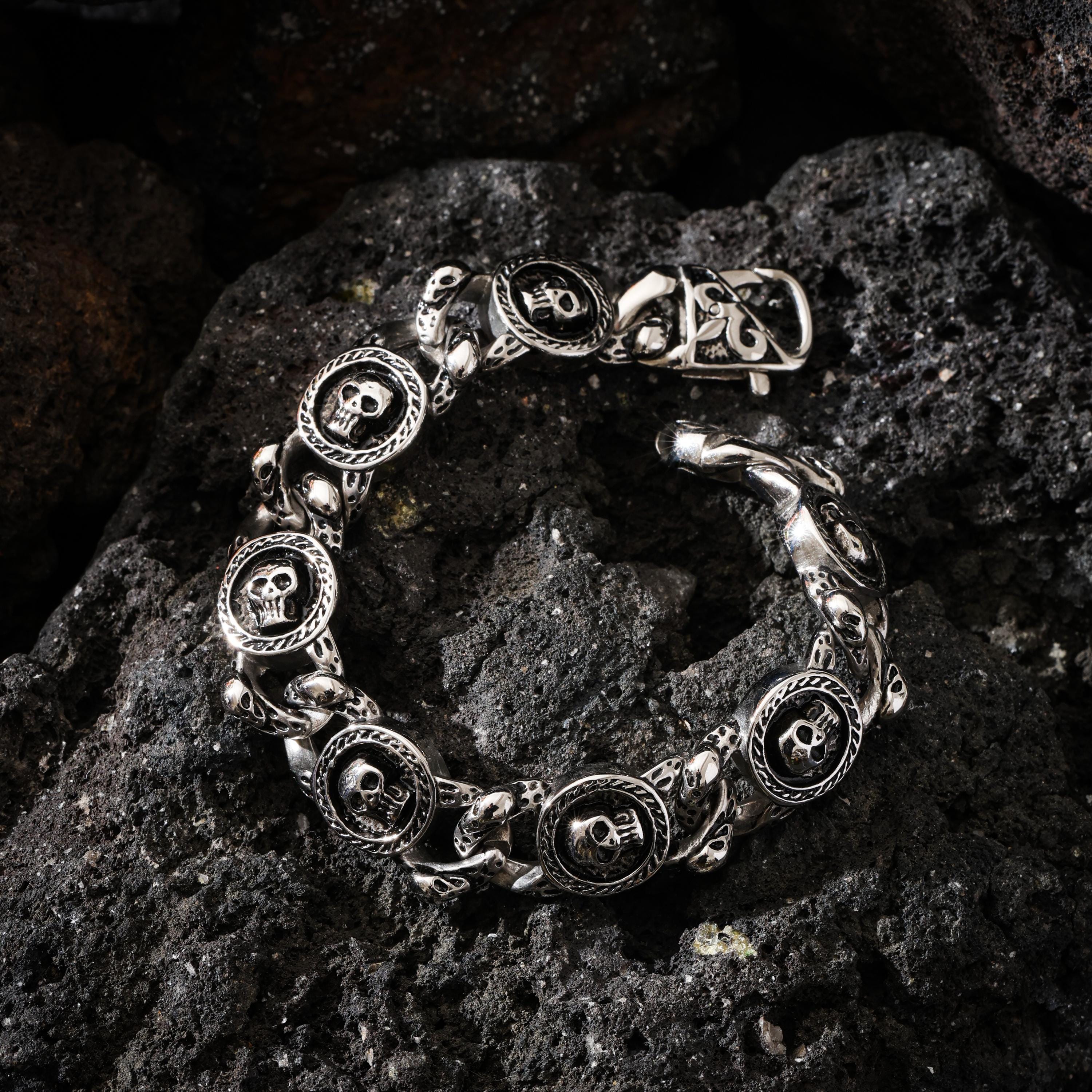 AURA DEER Skull Chain Bracelet, 316L Stainless Steel, Heavy Statement Bracelet, Spring Clasp