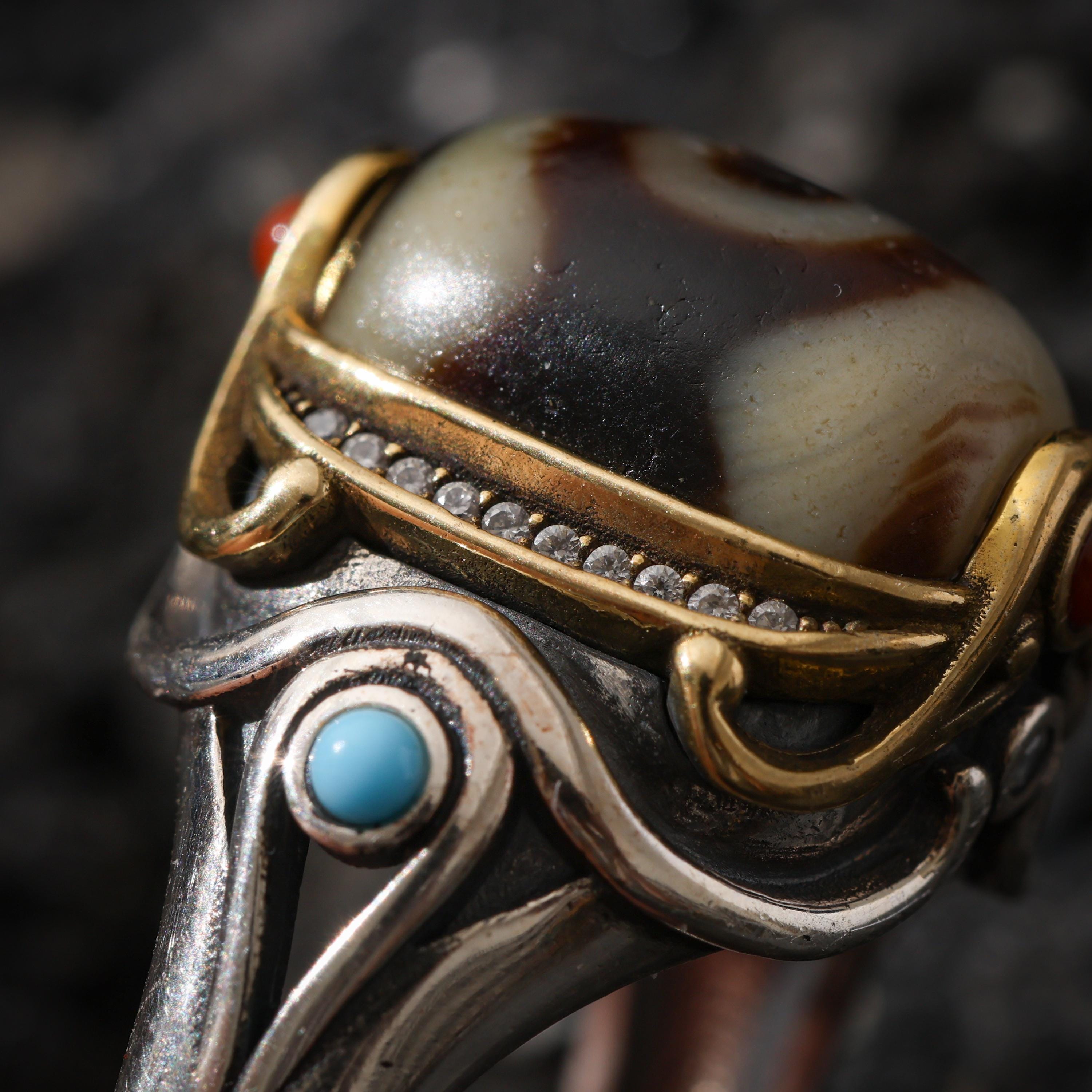 AURA DEER Three-Eyed Dzi Ring Sterling Silver Adjustable Tibetan Statement Ring