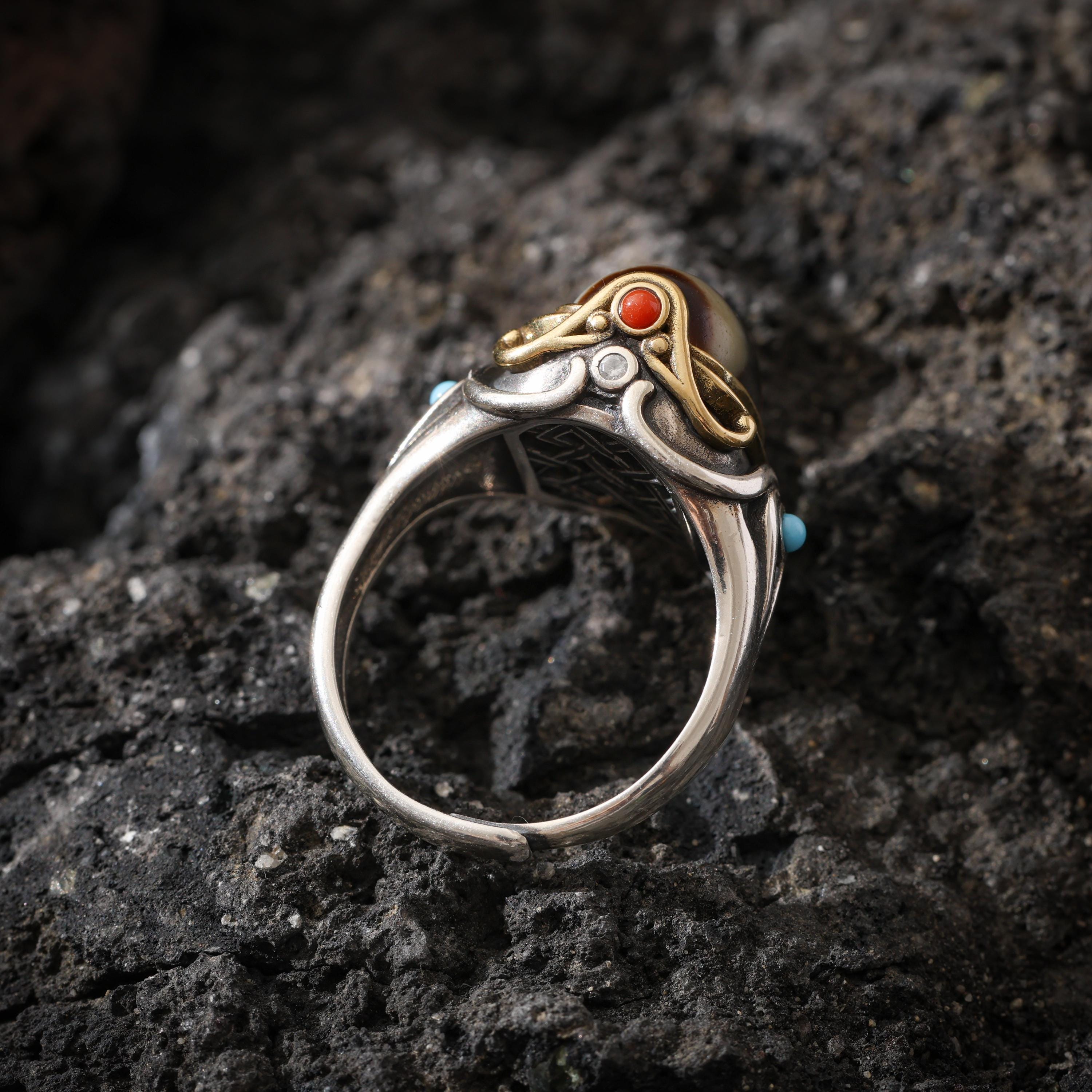 AURA DEER Three-Eyed Dzi Ring Sterling Silver Adjustable Tibetan Statement Ring