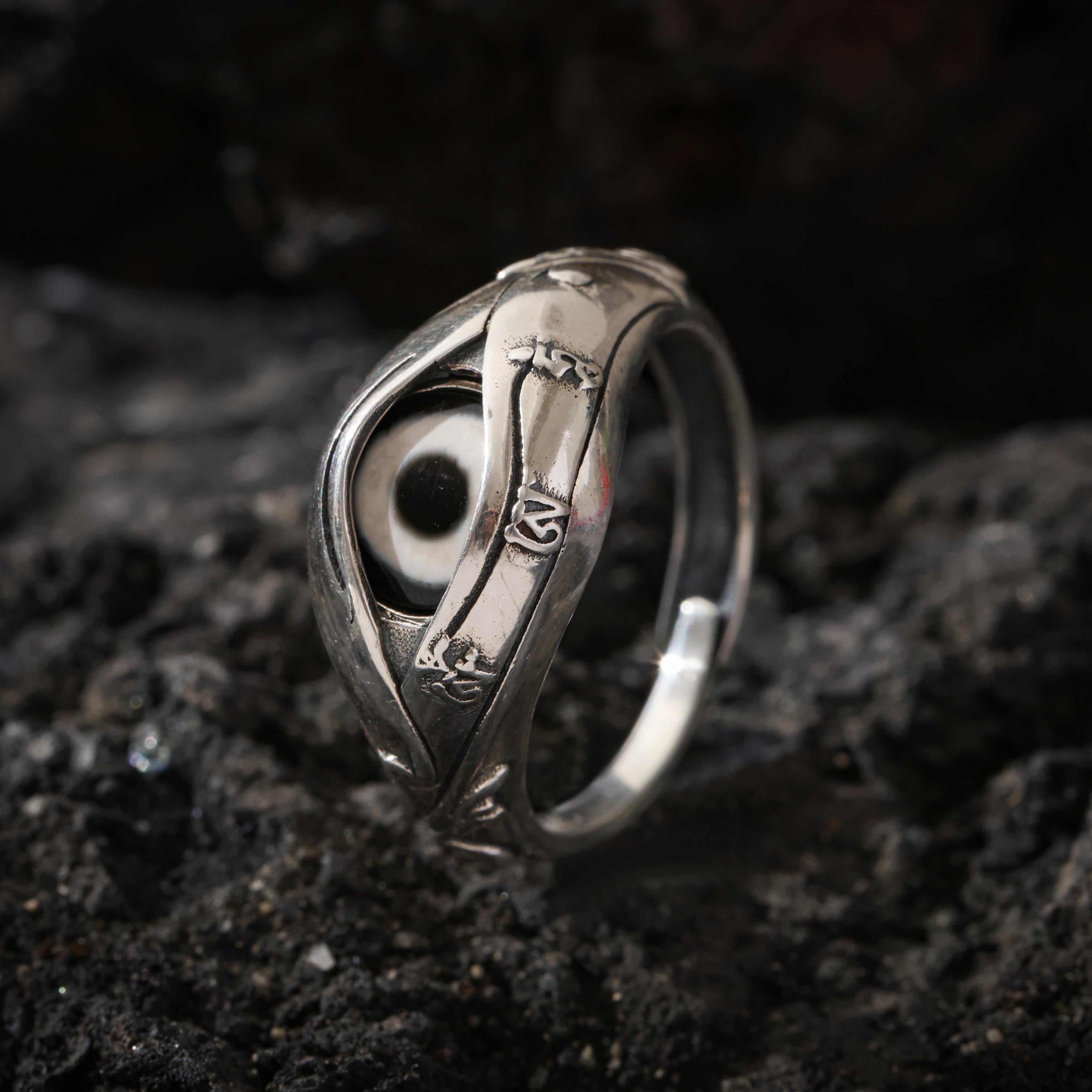 AURA DEER Dzi Ring Sterling Silver Adjustable Tibetan Statement Ring