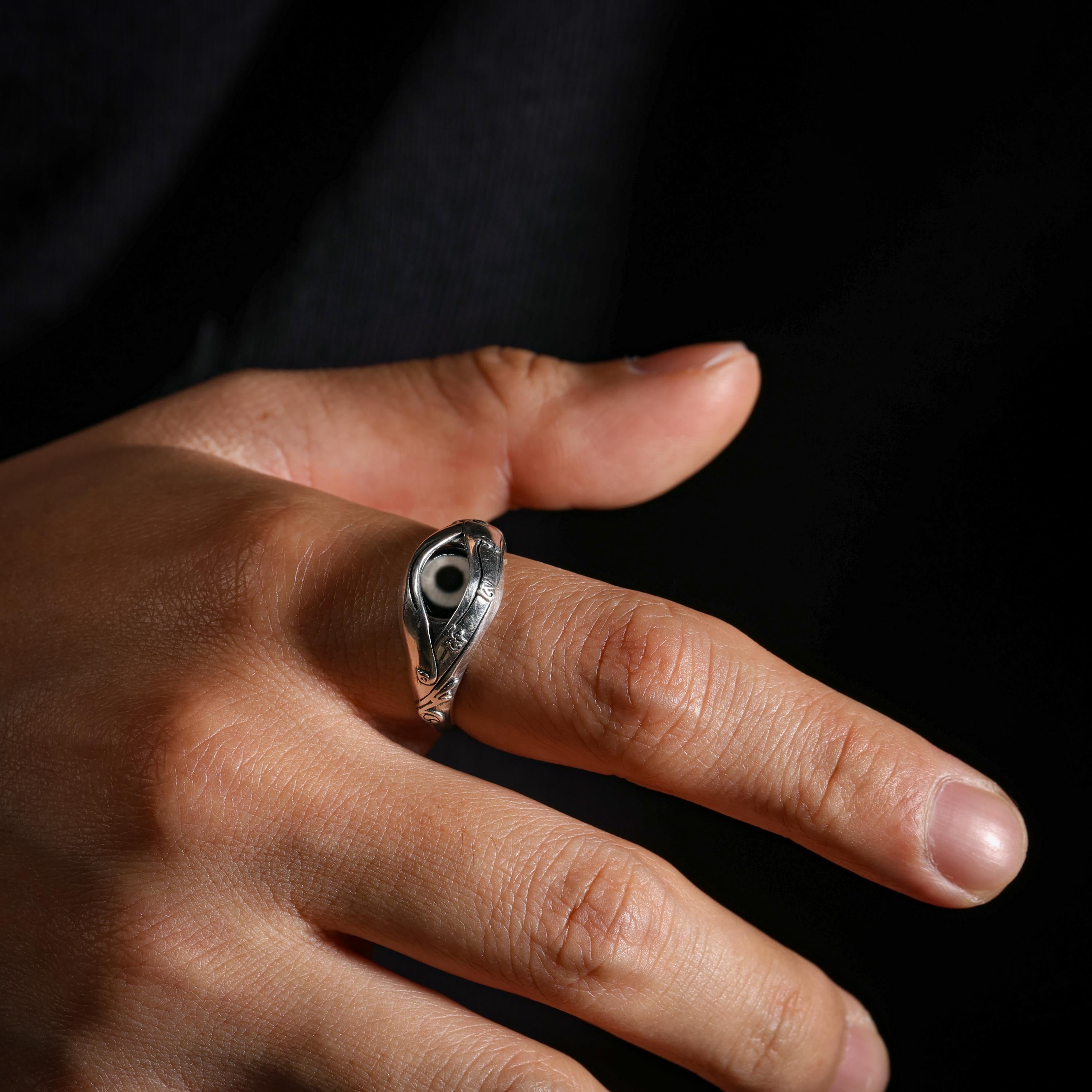 AURA DEER Dzi Ring Sterling Silver Adjustable Tibetan Statement Ring