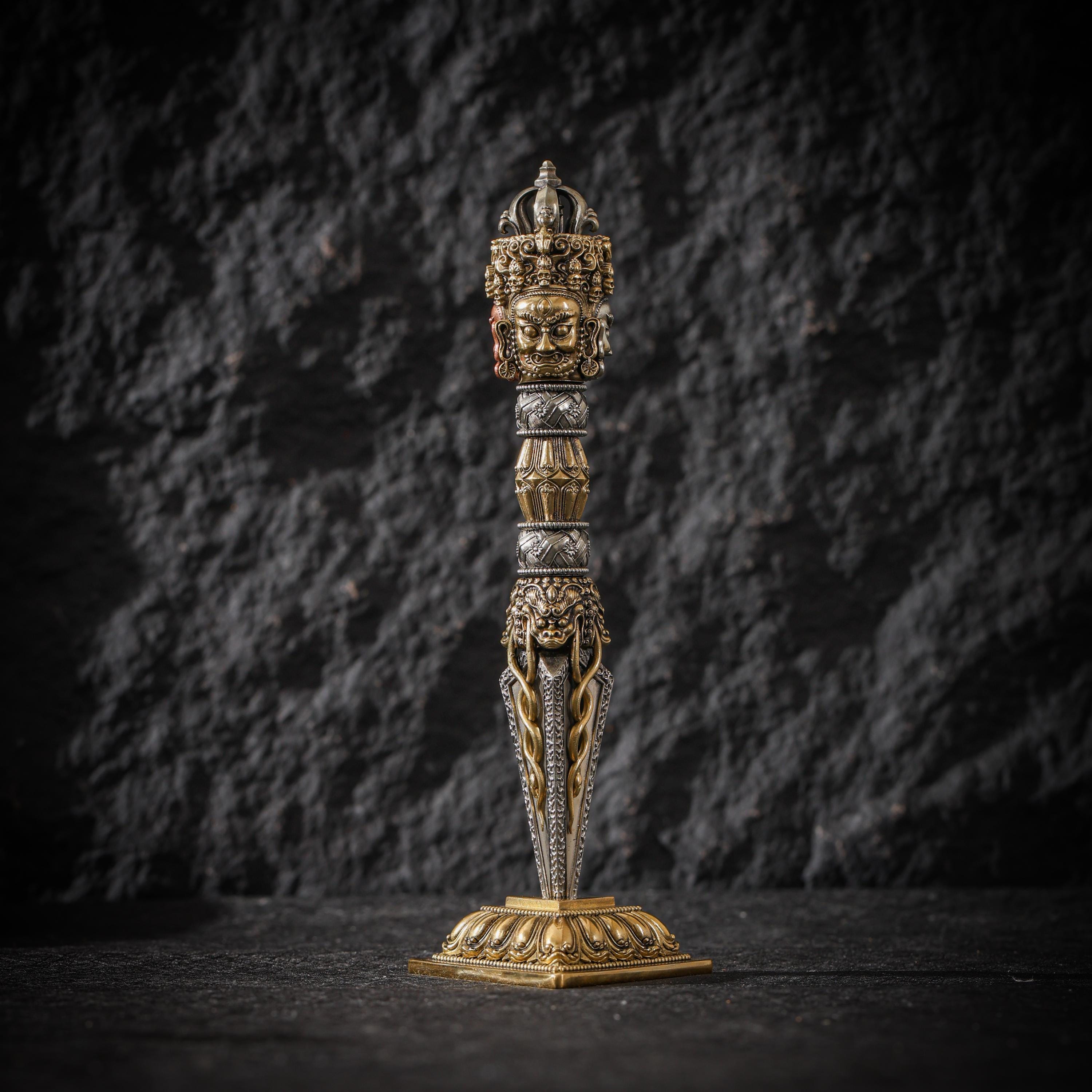 AURA DEER Tibetan Brass Phurba Dagger Statue, Vajrakilaya Ritual Decor, Three-Sided Vajra with Stand
