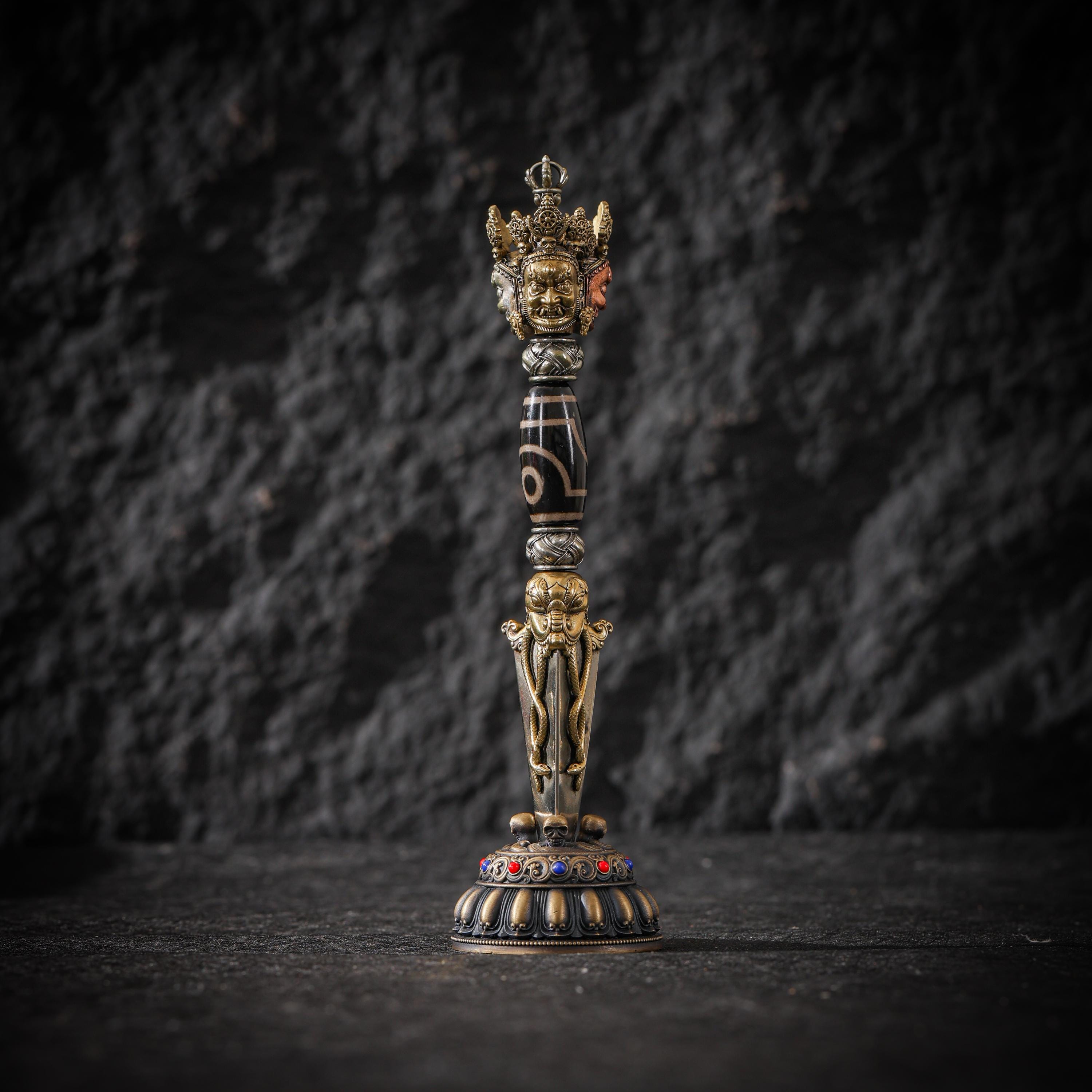 AURA DEER Tibetan Brass Phurba Dagger Statue, Vajrakilaya Ritual Decor, Three-Sided Vajra with Stand