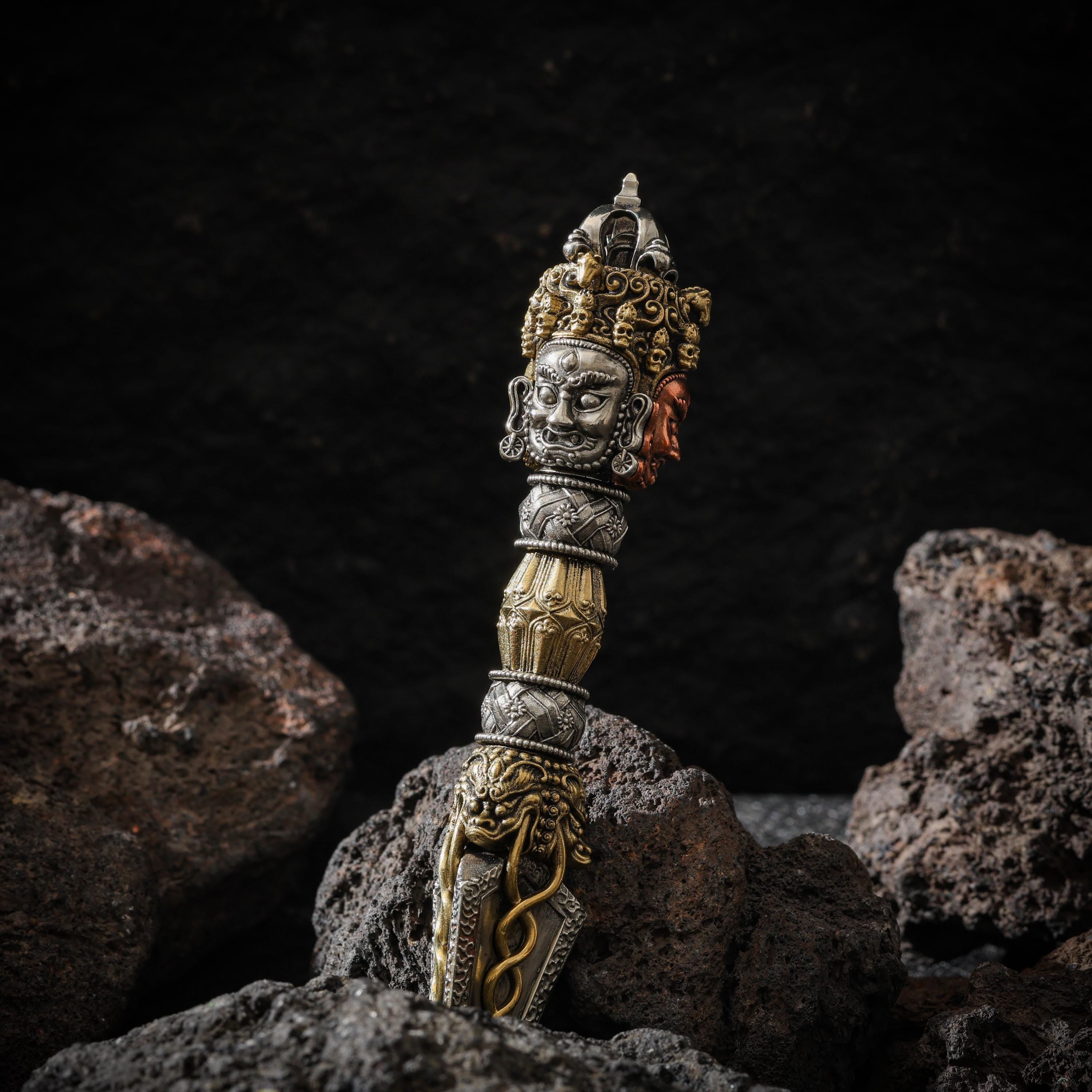 AURA DEER Tibetan Brass Phurba Dagger Statue, Vajrakilaya Ritual Decor, Three-Sided Vajra with Stand