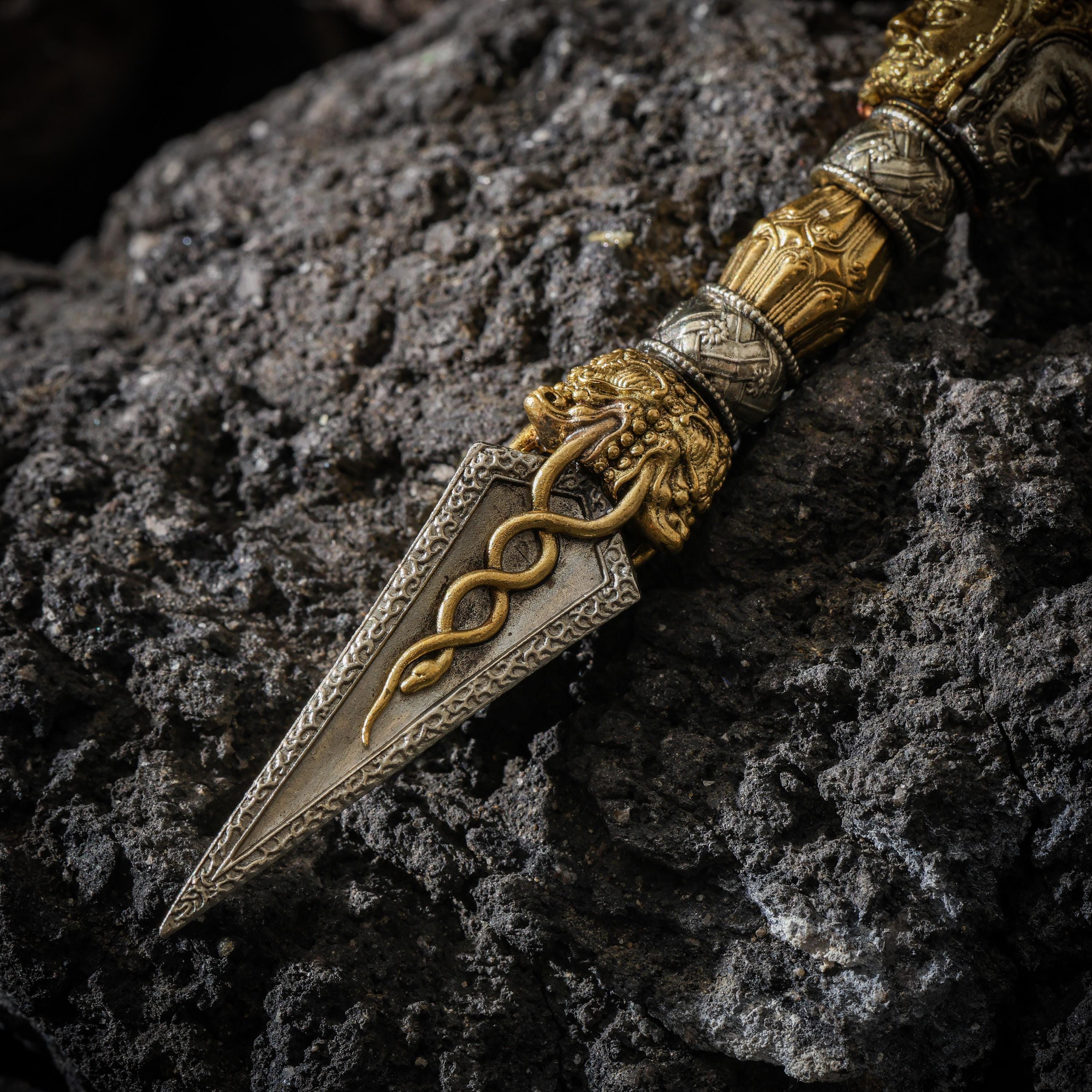 AURA DEER Tibetan Brass Phurba Dagger Statue, Vajrakilaya Ritual Decor, Three-Sided Vajra with Stand